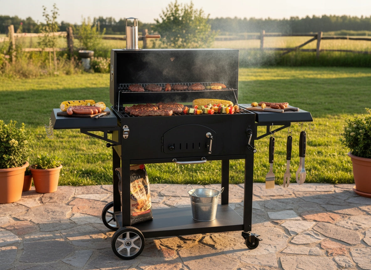 CHARCOAL GRILL "VULCANO" WITH LID, CAST IRON GRATE AND WHEELS WITH COUNTERTOP Manufacturer code BBQ5221