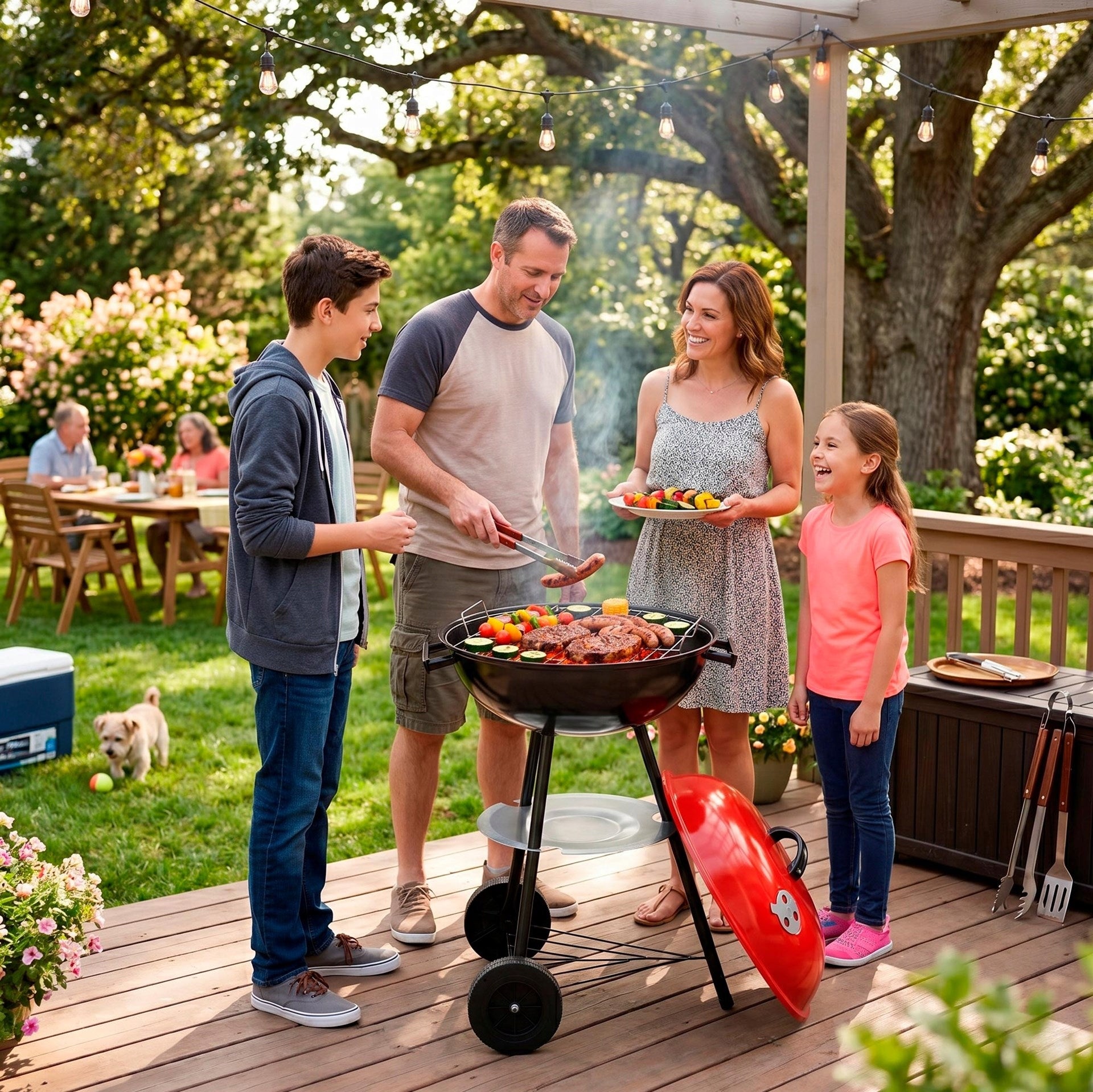 CHARCOAL GRILL WITH CASTER LID LOCKABLE GARDEN GRATE PORTABLE BBQ Grill width 48 cm