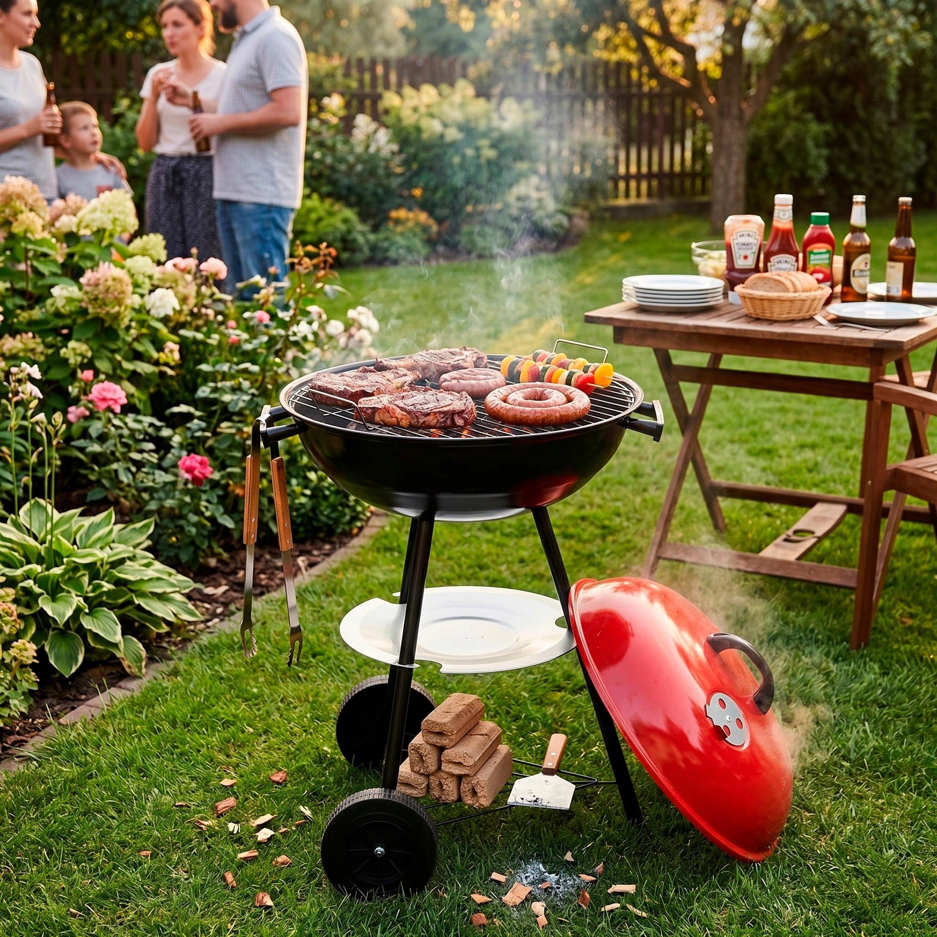 CHARCOAL GRILL WITH CASTER LID LOCKABLE GARDEN GRATE PORTABLE BBQ Type portable
