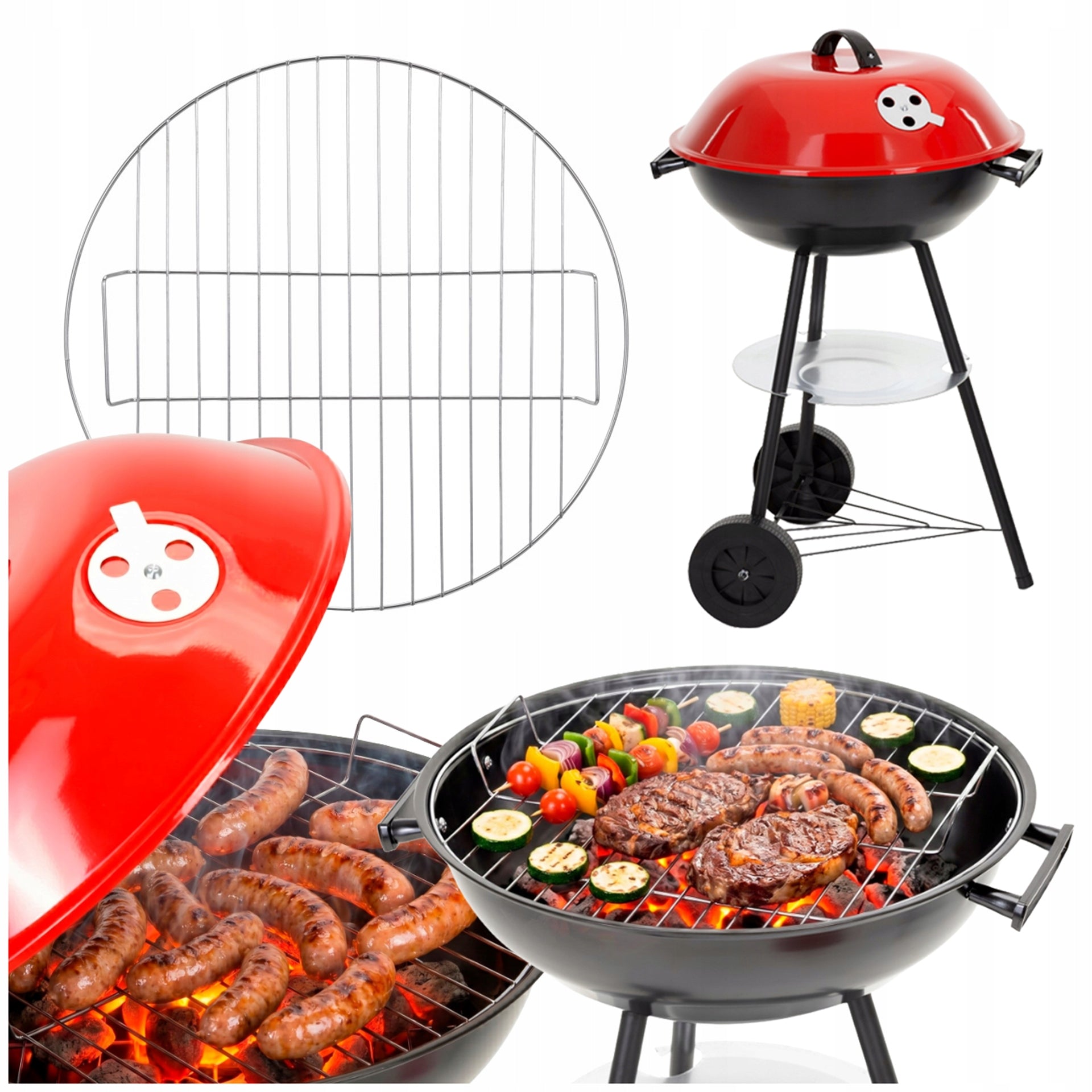 CHARCOAL GRILL WITH CASTER LID LOCKABLE GARDEN GRATE PORTABLE BBQ