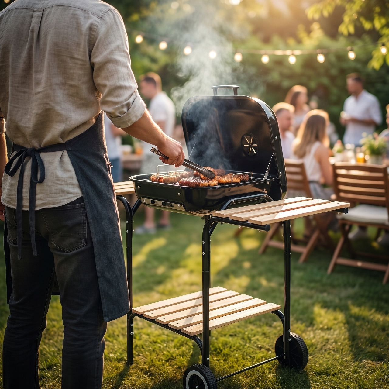 CHARCOAL GRILL WITH GARDEN COVER LARGE CHROME GRATE SHELF WHEELS BLOWER Grill height 75 cm