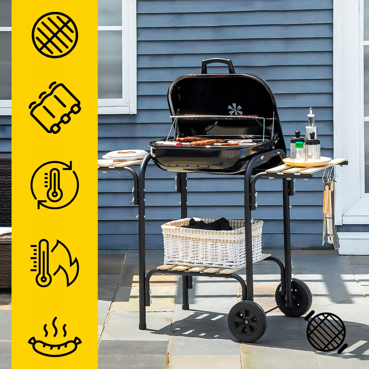 CHARCOAL GRILL WITH GARDEN COVER LARGE CHROME GRATE SHELF WHEELS BLOWER Packaging status original