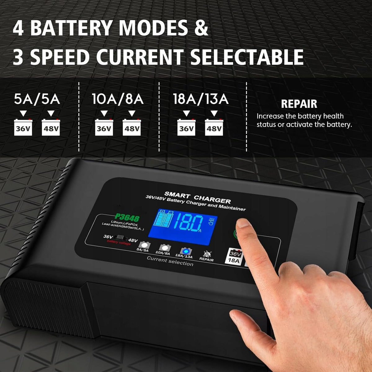 CHARGER FOR CAR BATTERIES 36V AND 48V INTELLIGENT LIFEPO4 Maximum amperage 18 A