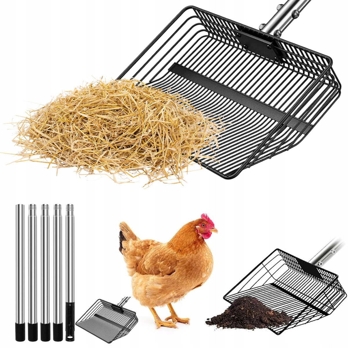 CHICKEN COOP SHOVEL ADJUSTABLE TELESCOPIC NON-STICK FOR MANURE