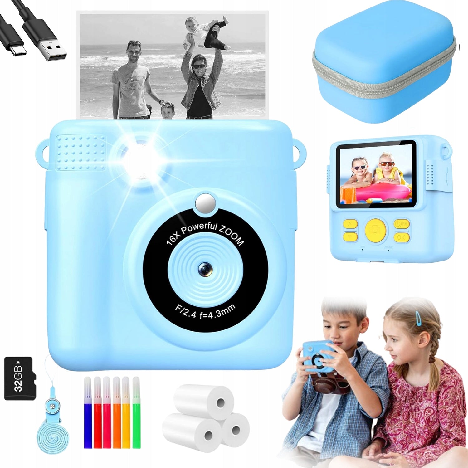 CHILD MINI PRINTER CAMERA INSTANT THERMAL+3 ROLLS