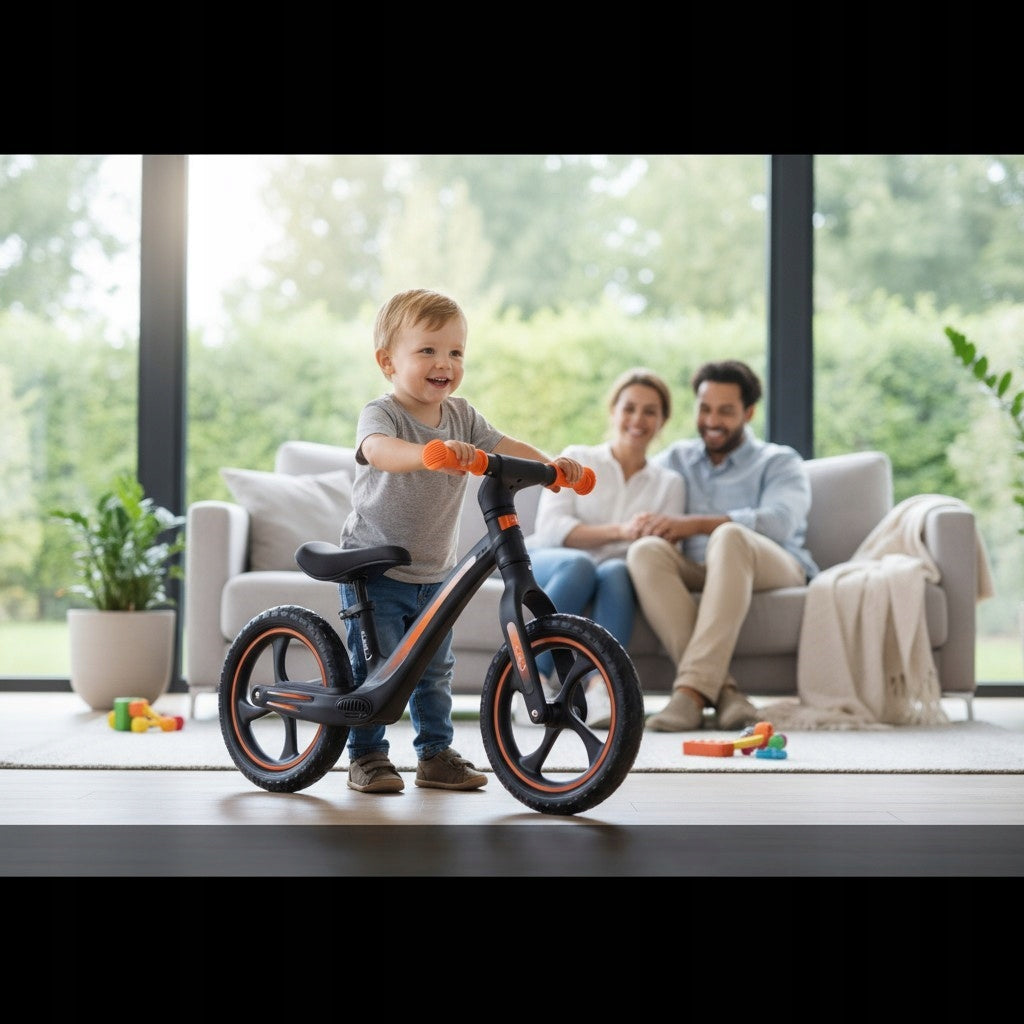 CHILDREN'S BALANCE BIKE MOMI MIZO - ULTRA LIGHT, LOAD MAX 25KG Color black orange