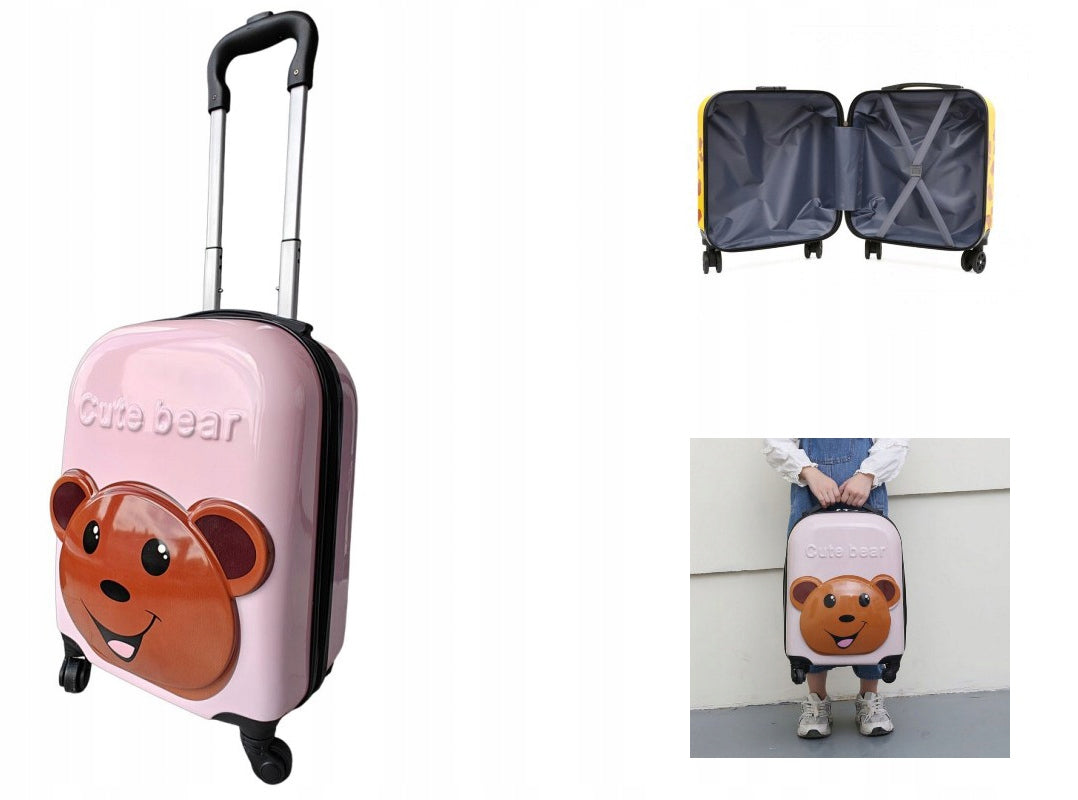 CHILDREN'S CABIN SUITCASE - ON WHEELS - ABS - PINK WITH TEDDY BEAR - 22x31 CM