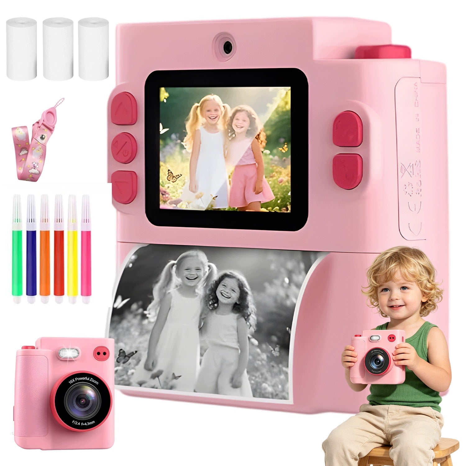 CHILDREN'S CAMERA DIGITAL INSTANT WITH 16X 1080P PRINTER