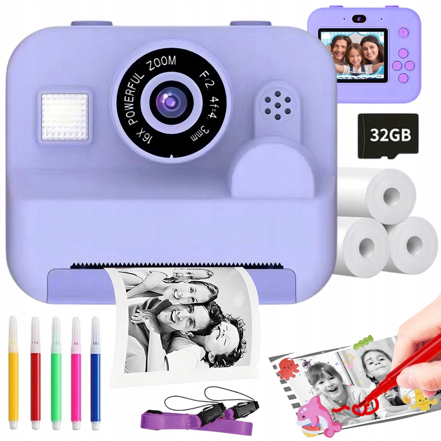 CHILDREN'S CAMERA WITH PRINTING FUNCTION 12MP 1080P PURPLE – GIFT