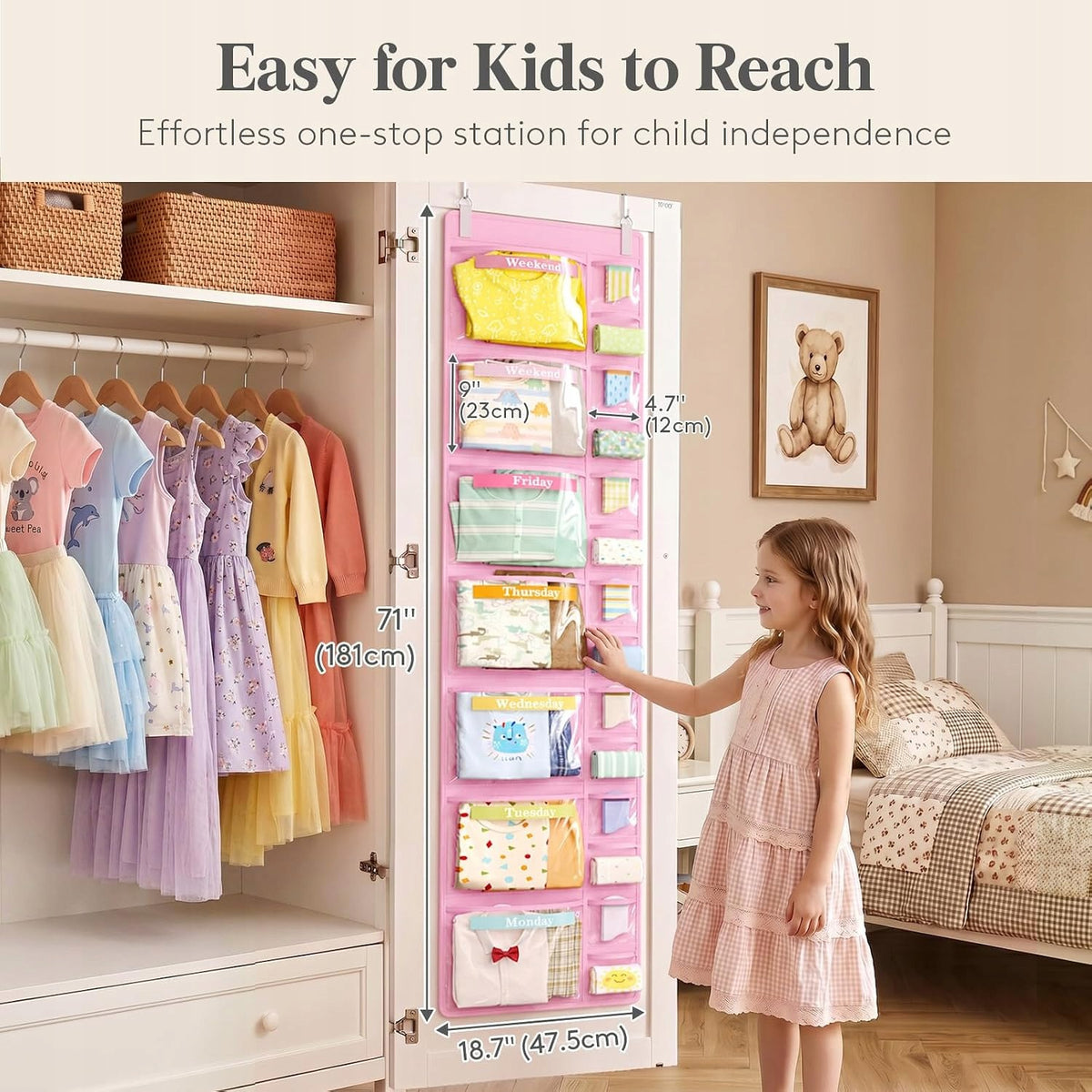 CHILDREN'S CLOTHES ORGANIZER WEEKLY HANGING DOOR PINK Color pink