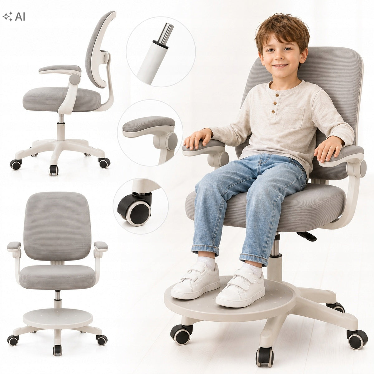 CHILDREN'S DESK CHAIR ADJUSTABLE HEIGHT LEARNING WHEEL GREY COMFORTABLE