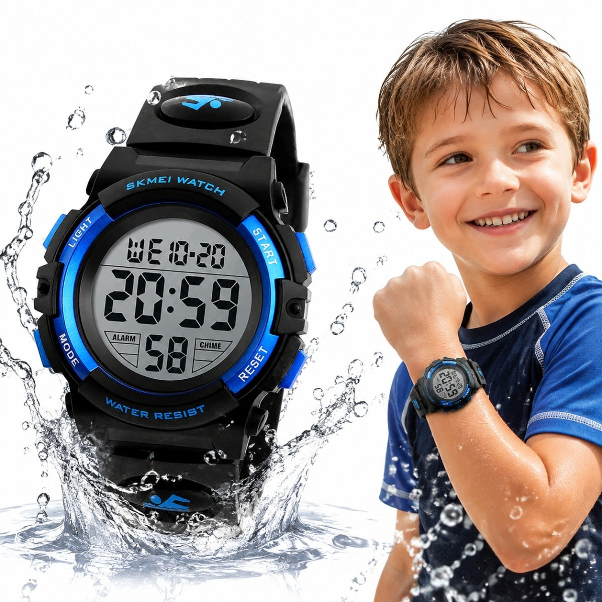 CHILDREN'S DIGITAL SPORTS WATCH 5 ATM WATERPROOF ALARM CLOCK BLUE LED