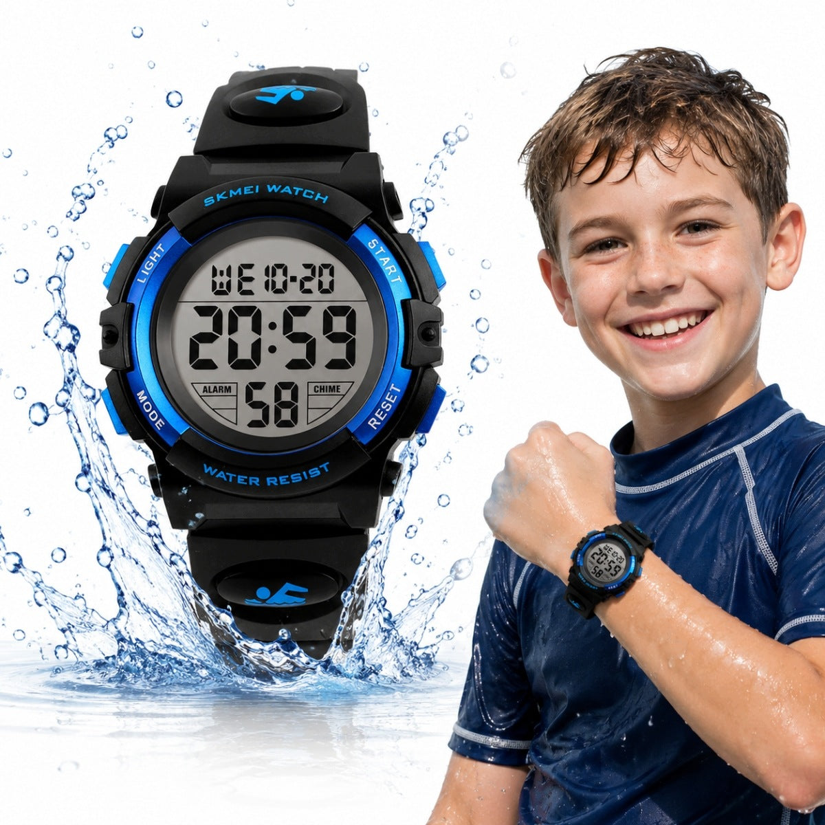 CHILDREN'S DIGITAL WATCH 5 ATM WATERPROOF LED BACKLIGHT BLUE