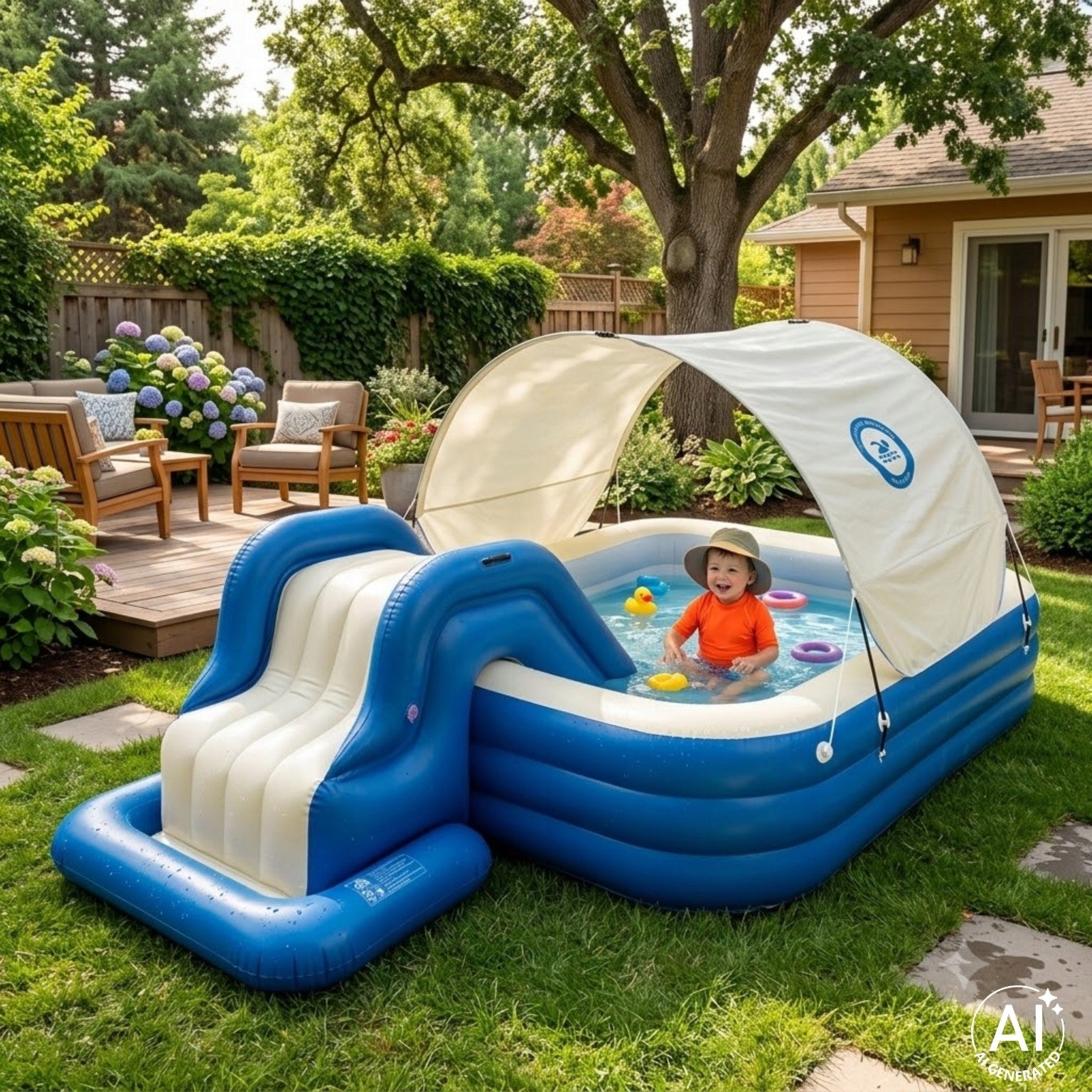 CHILDREN'S GARDEN POOL INFLATABLE WITH SLIDE SUN VISOR Brand Ikonka