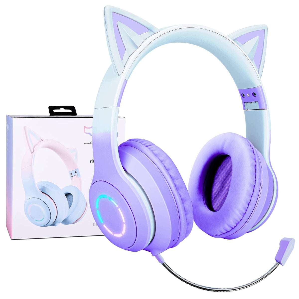 CHILDREN'S HEADPHONES CAT EARS LED RGB PURPLE BLUETOOTH 5.1 15H BATTERY