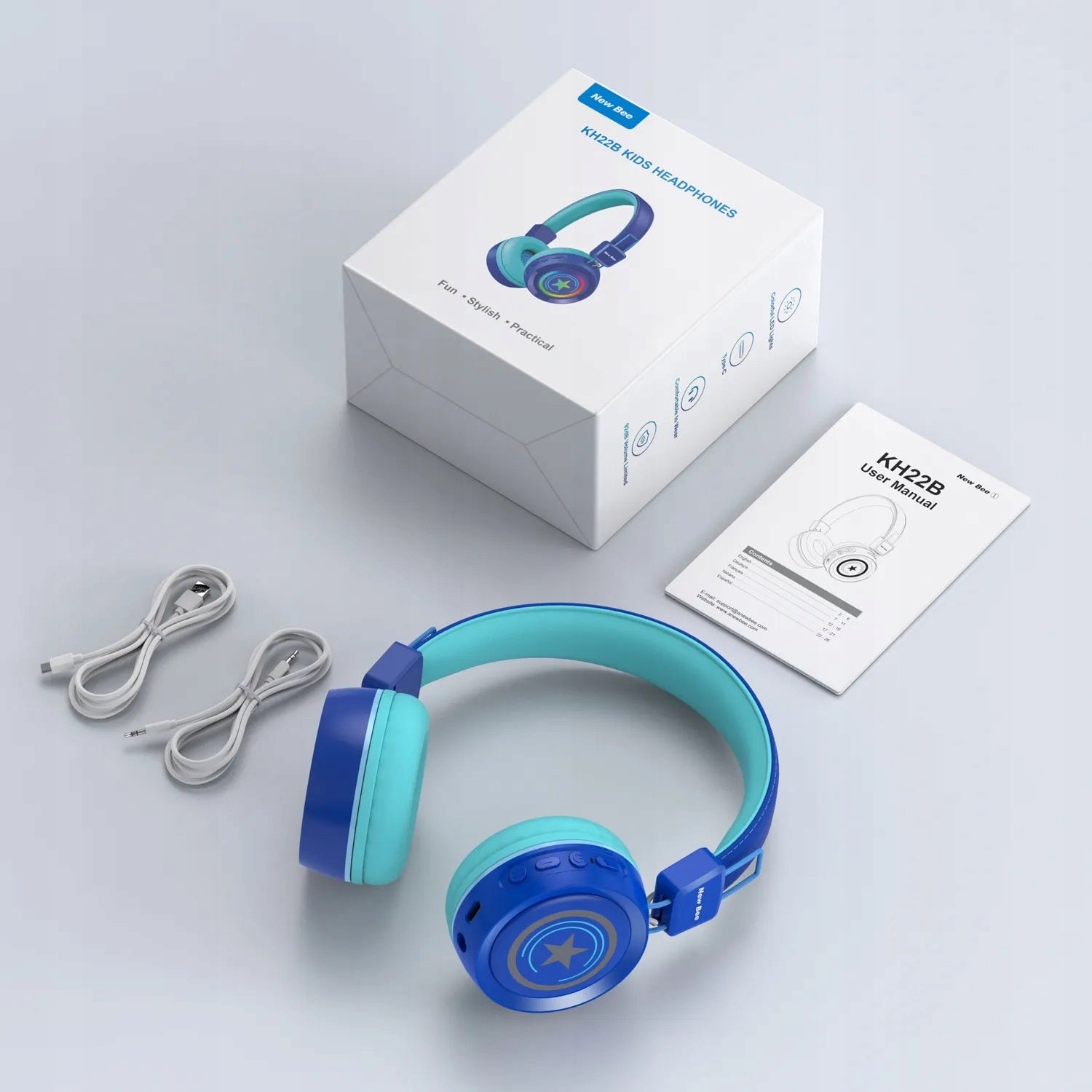 CHILDREN'S HEADPHONES LED NEW BEE KH22B WIRELESS FOLDABLE BLUETOOTH 32h Brand New Bee