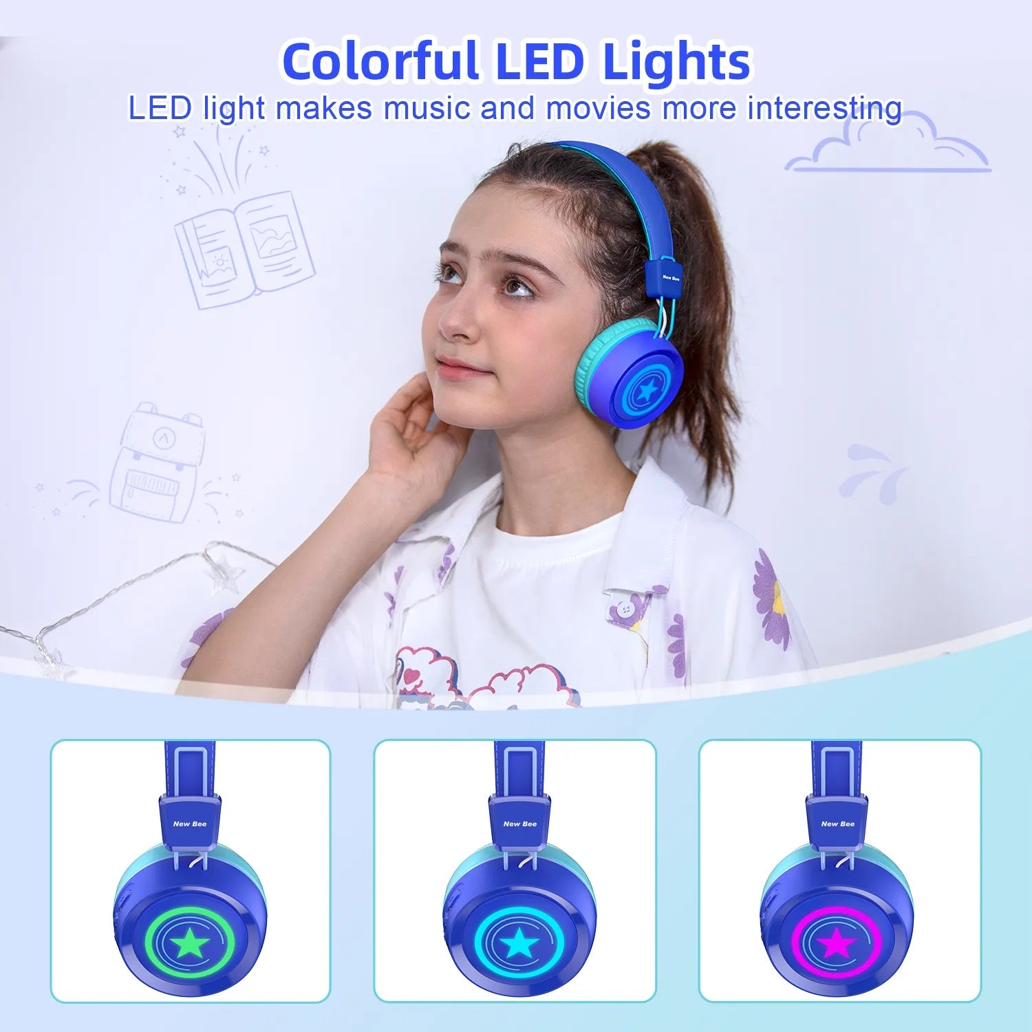 CHILDREN'S HEADPHONES LED NEW BEE KH22B WIRELESS FOLDABLE BLUETOOTH 32h Manufacturer code New Bee KH22B LED Blue