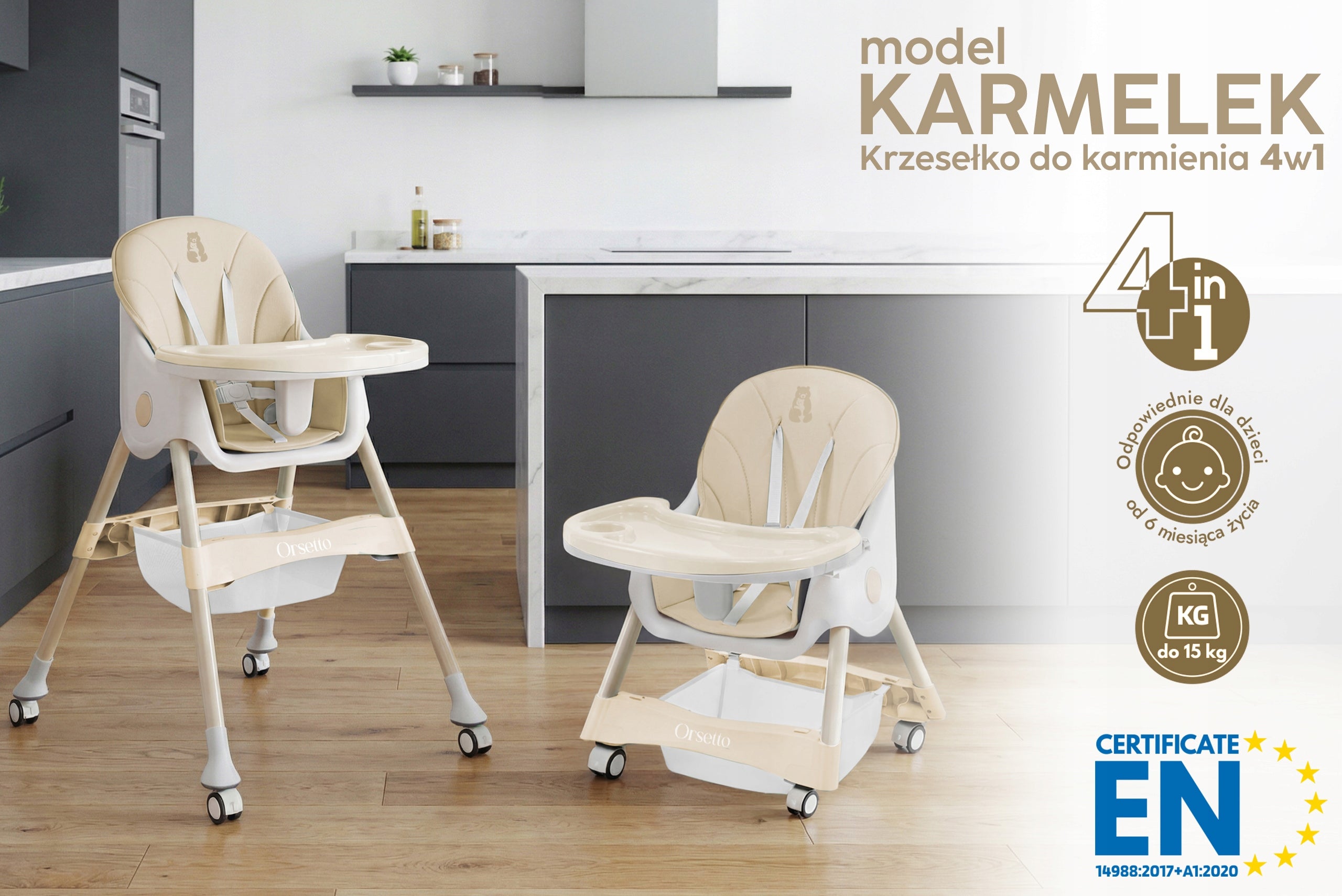 CHILDREN'S HIGH CHAIR 4IN1 WITH STRAPS TRAY BEIGE + FREEBIE Brand Orsetto