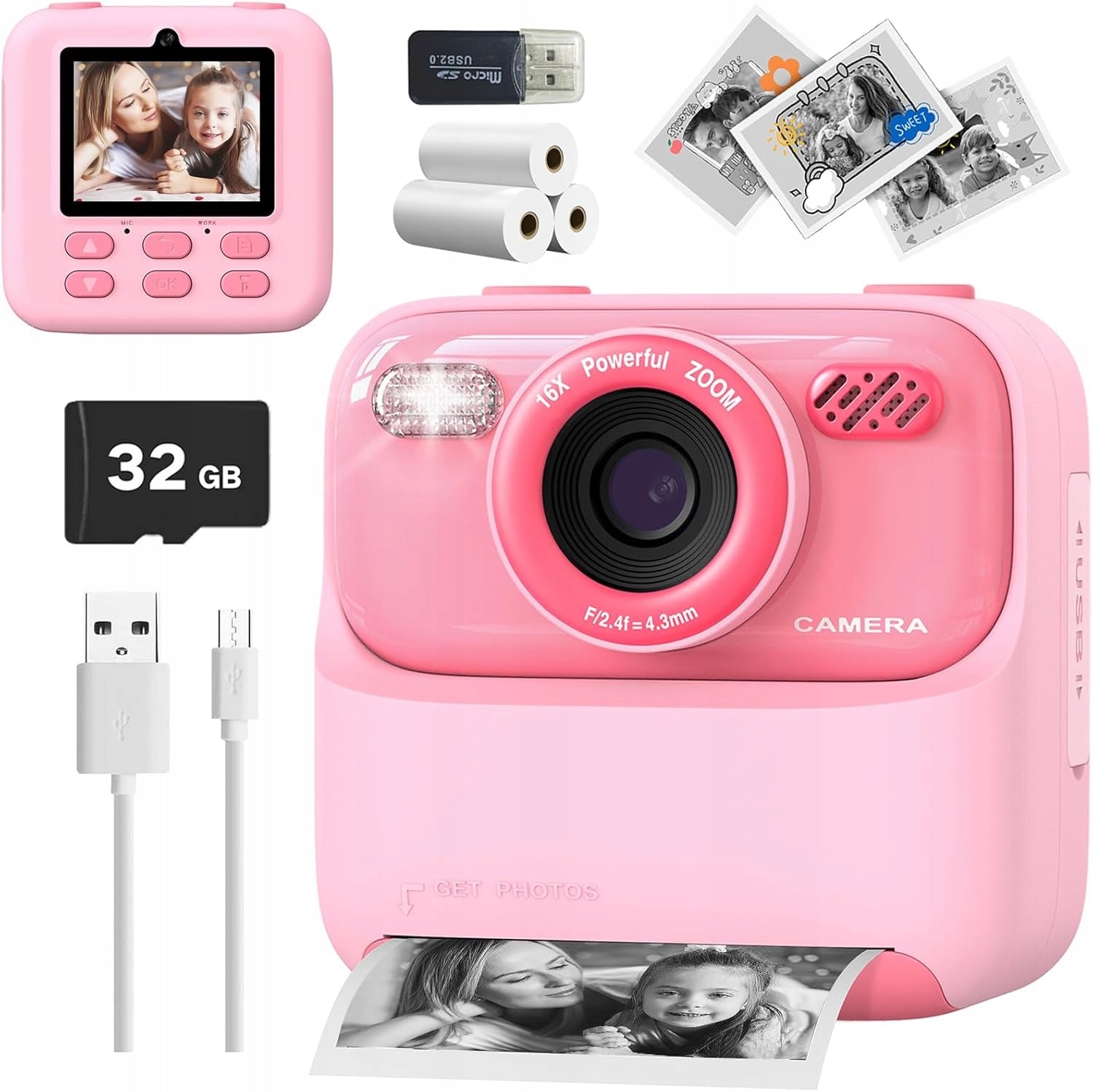 CHILDREN'S PHOTO CAMERA WITH MP3 PLAYER AND PRINT FUNCTION PINK