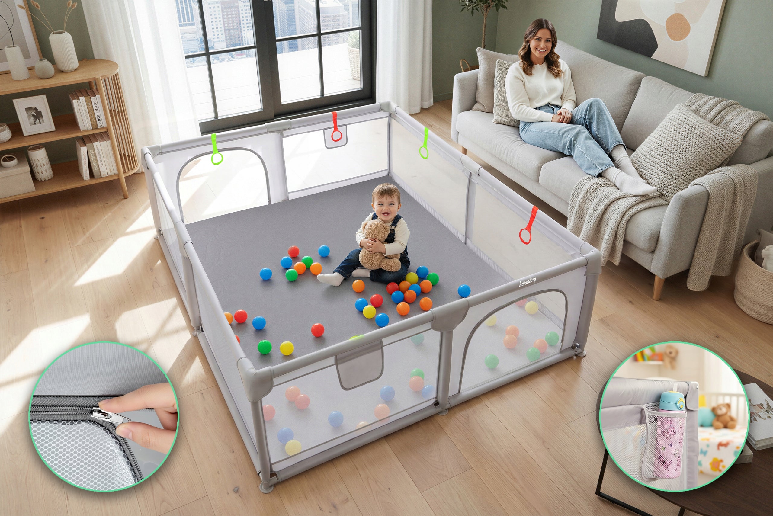 CHILDREN'S PLAYPEN 150x180 cm SQUARE TOYS DRY POOL + HANDLES AND 50 BALLS Product width 150 cm