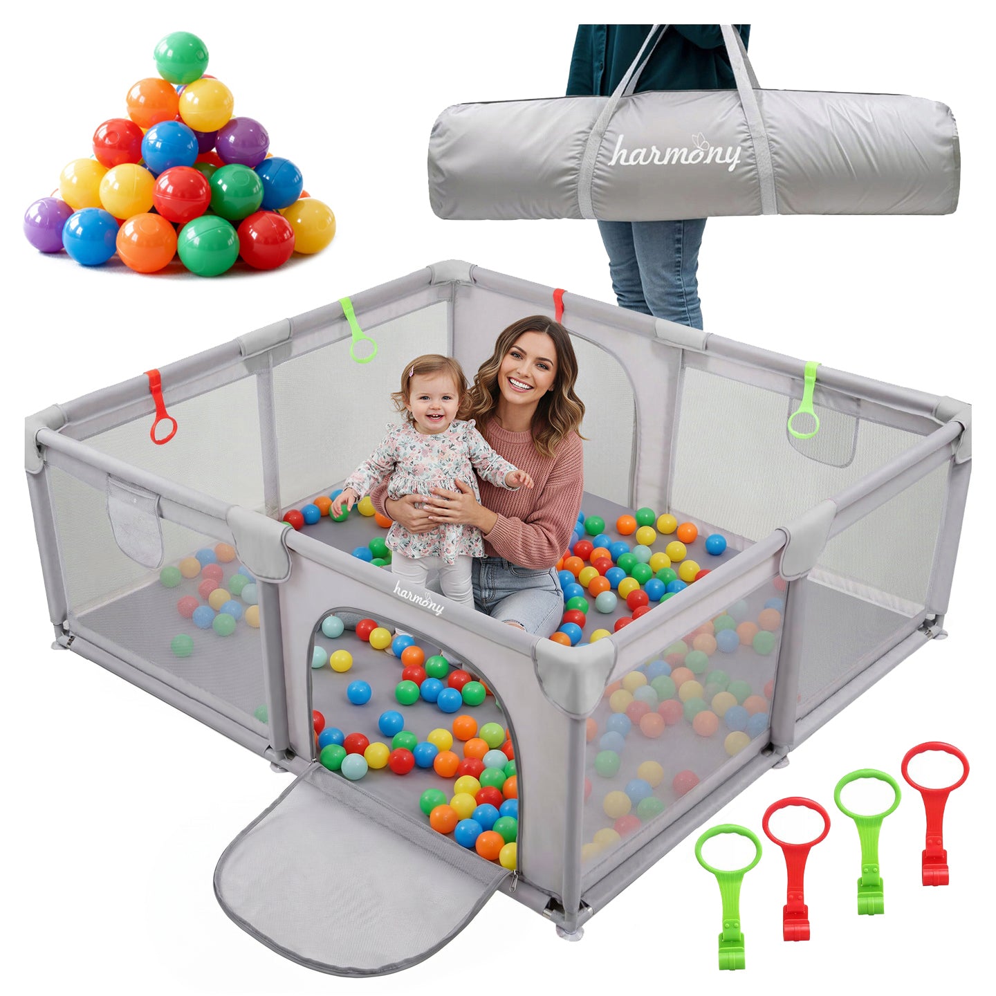 CHILDREN'S PLAYPEN 150x180 cm SQUARE TOYS DRY POOL + HANDLES AND 50 BALLS