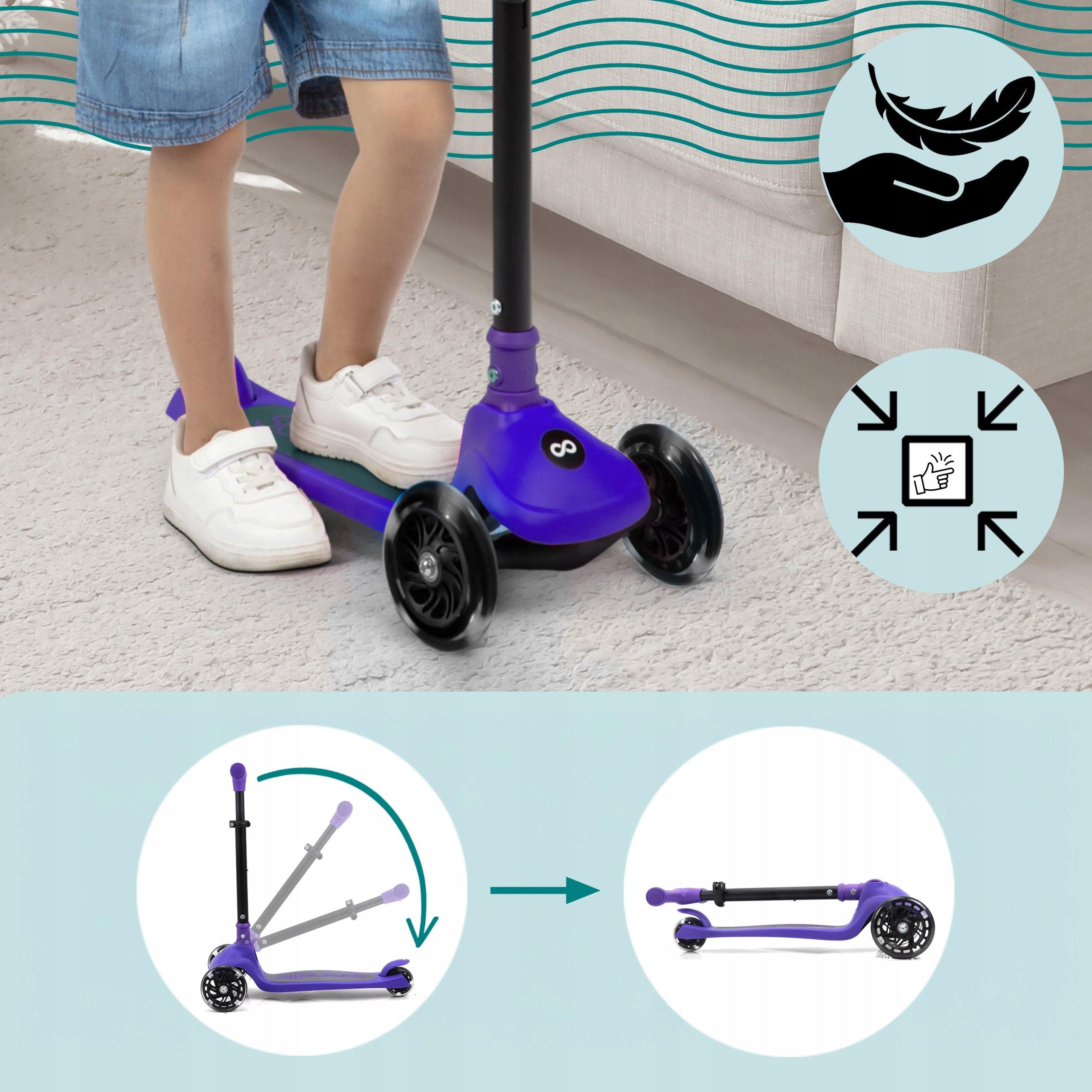 CHILDREN'S SCOOTER 3-WHEEL PURPLE BALANCE WITH SERENELIFE LED WHEELS Manufacturer code SLKSC16PR