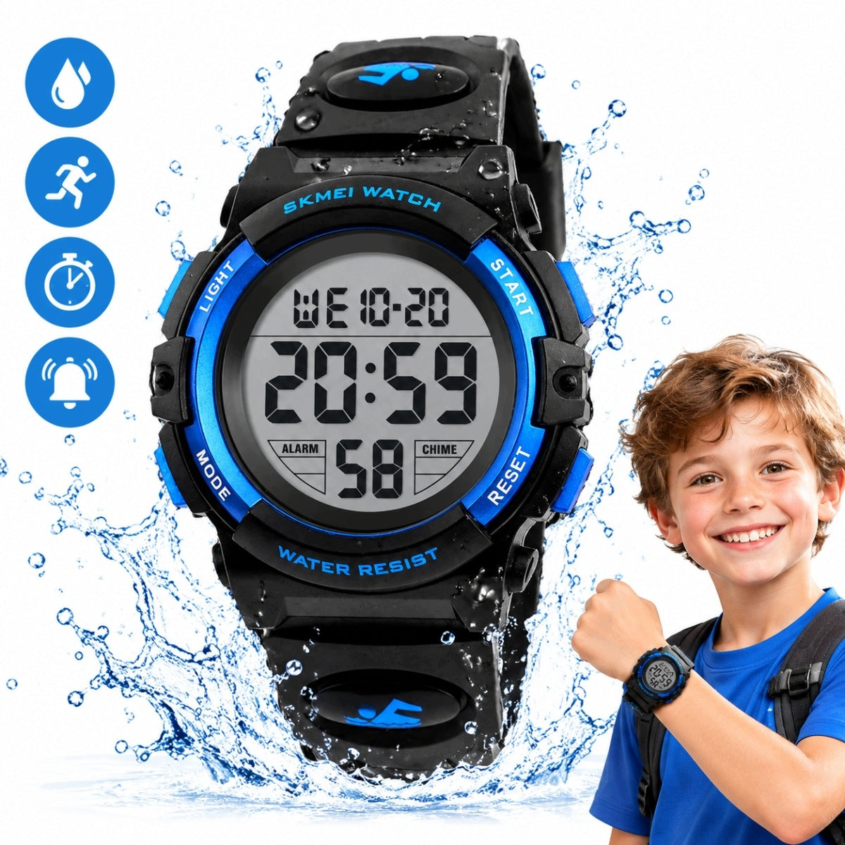 CHILDREN'S SPORTS DIGITAL WATCH 5 ATM WATERPROOF ALARM CLOCK LED BLUE