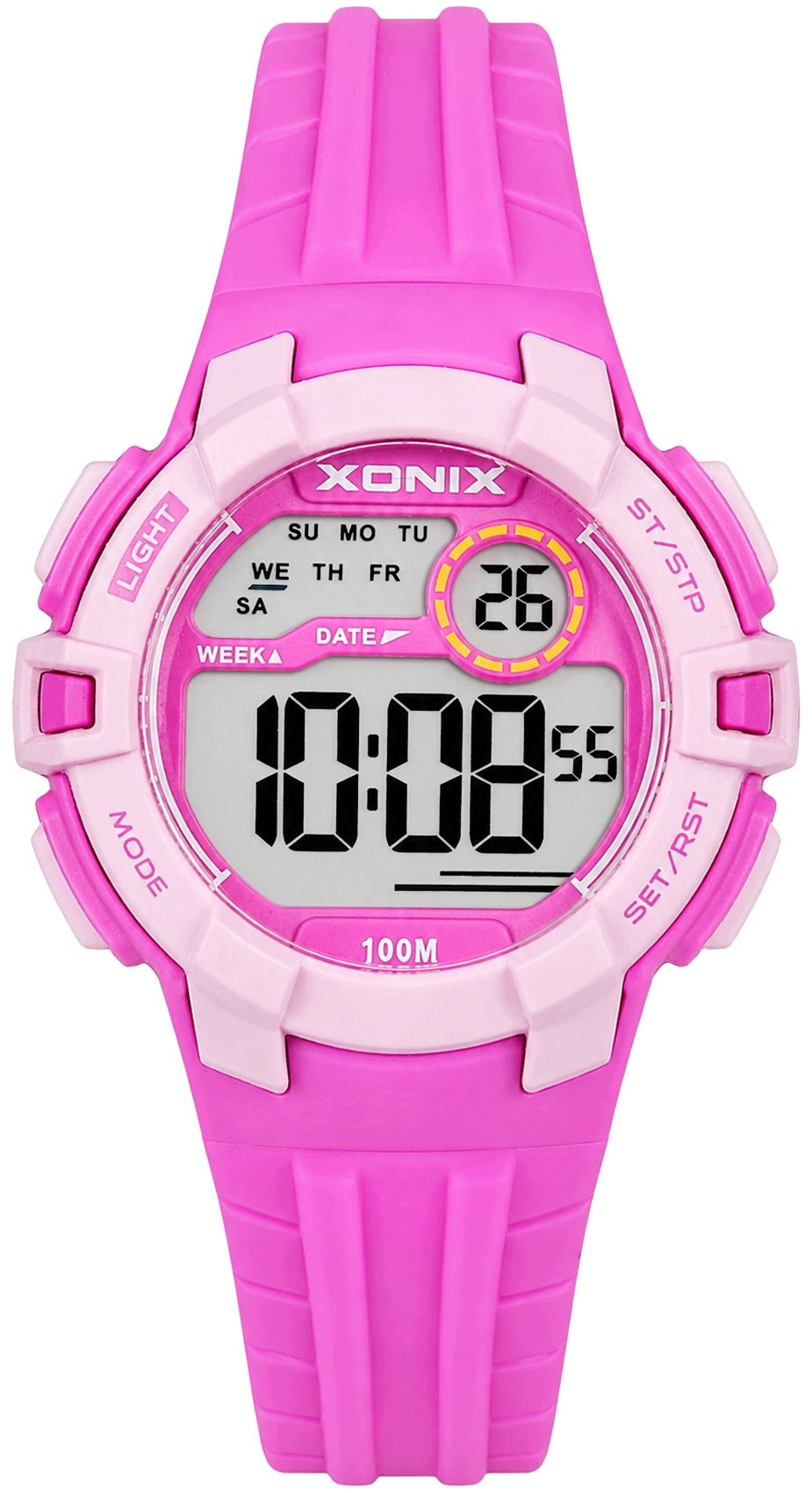 CHILDREN'S SPORTS WATCH XONIX WITH BACKLIGHT STOPWATCH DATE ALARM PINK Packaging status original