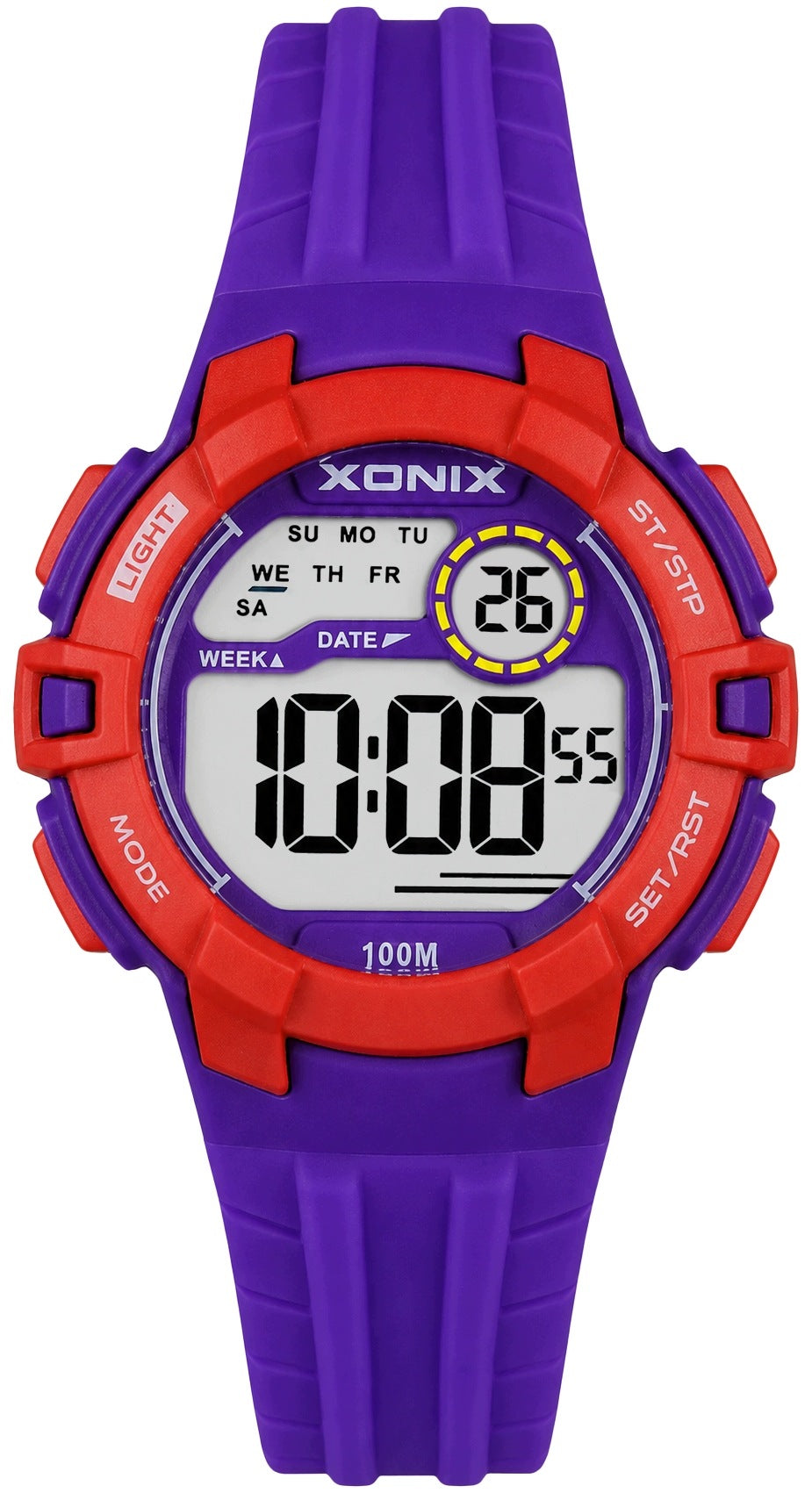 CHILDREN'S SPORTS WATCH XONIX WITH BACKLIGHT STOPWATCH DATE ALARM PURPLE Packaging status original