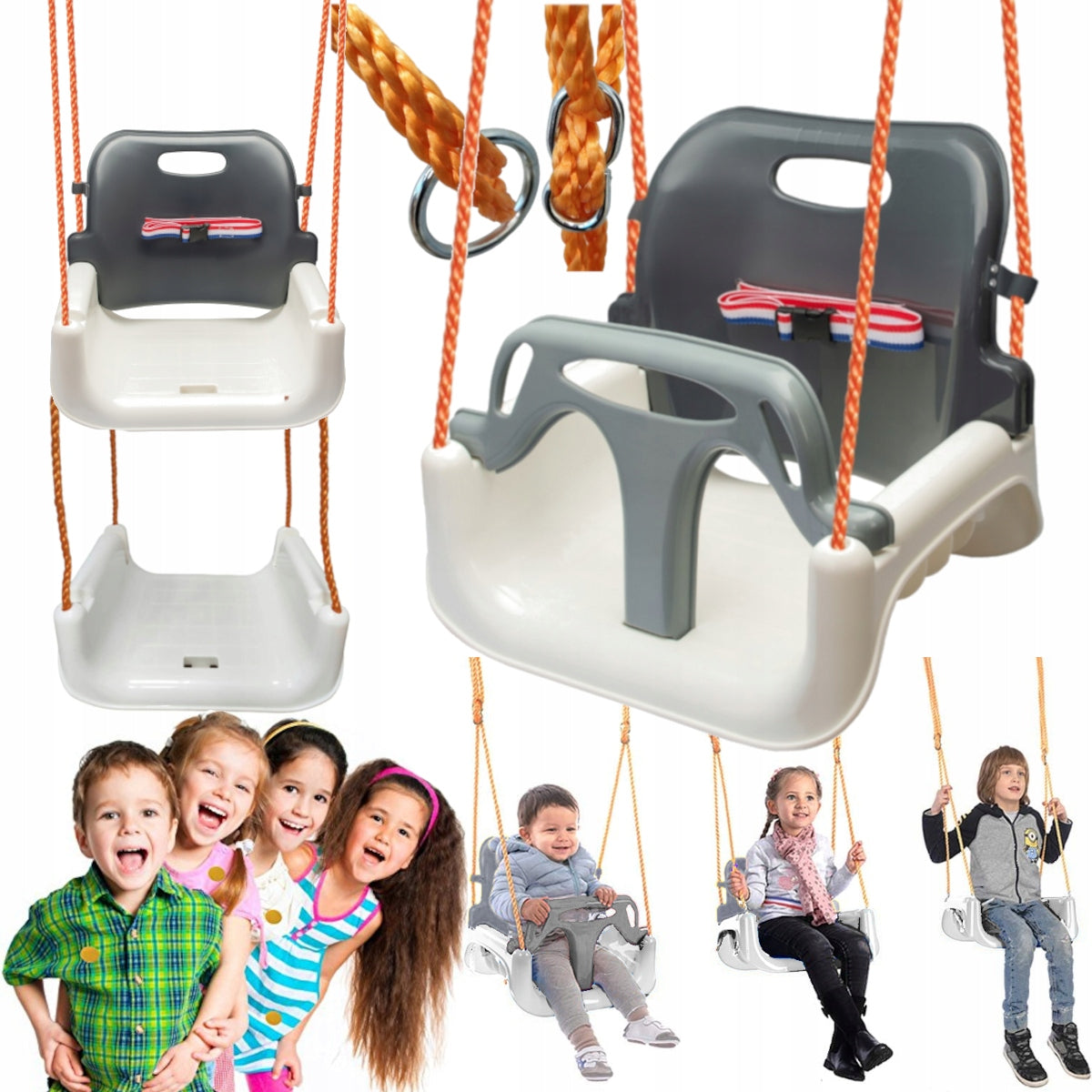 CHILDREN'S SWING GARDEN 3in1 CHAIR HANGING STRONG BUCKET STRAPS GREY