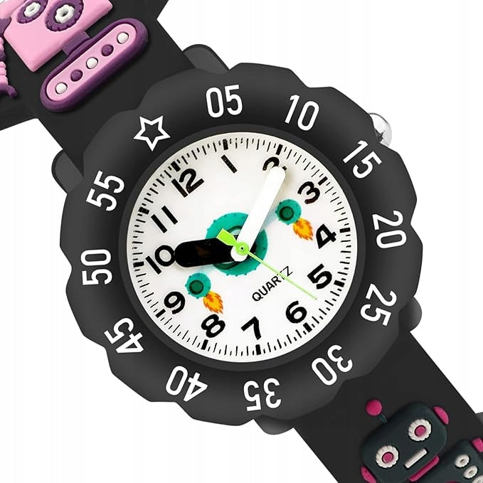 CHILDREN'S WATCH BLACK ROBOTS ROCKETS ANALOG WATERPROOF 30M Brand no brand