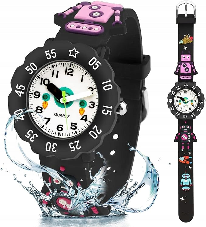 CHILDREN'S WATCH BLACK ROBOTS ROCKETS ANALOG WATERPROOF 30M