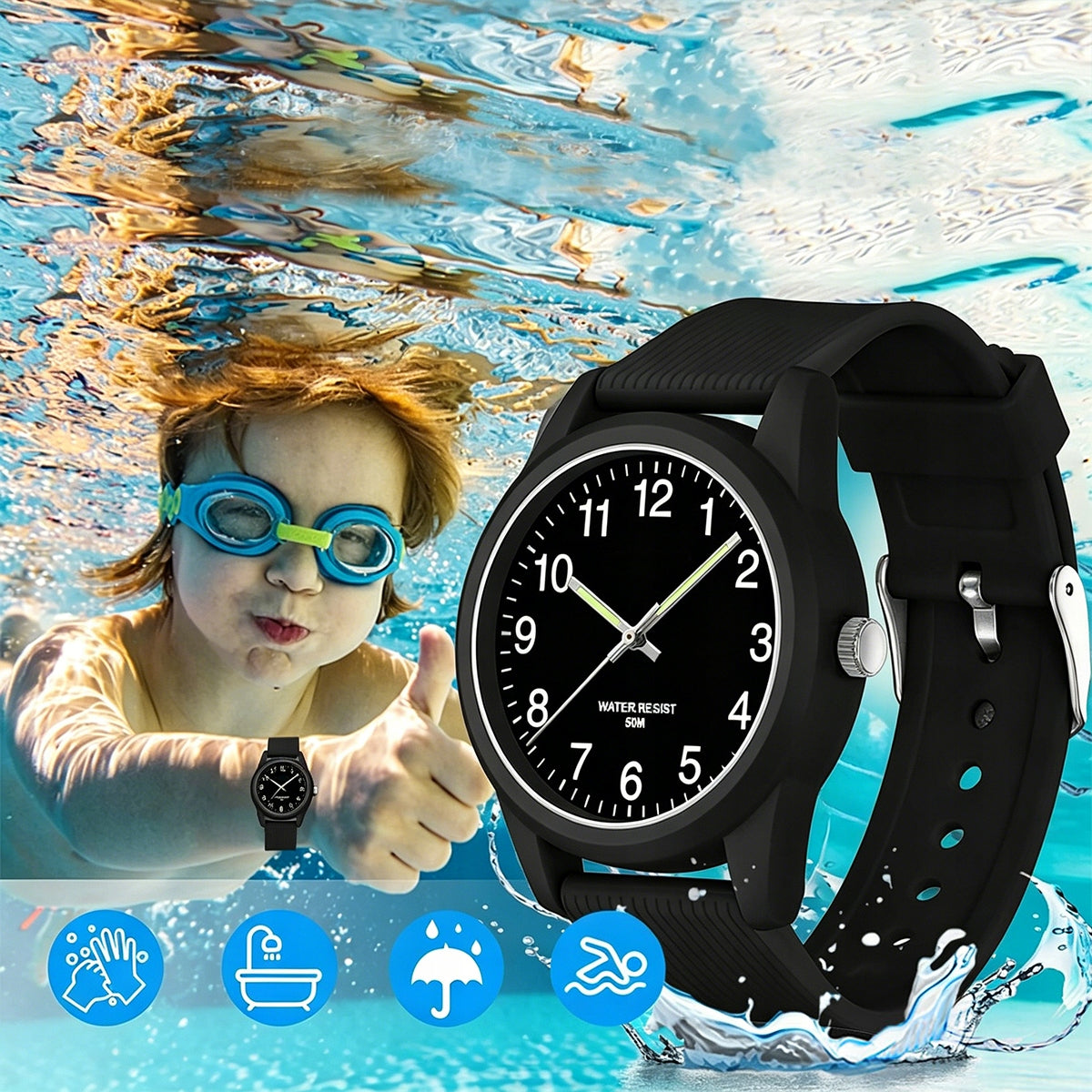 CHILDREN'S WATCH WATERPROOF 5ATM LIGHT READABLE DIAL BLACK Brand no brand
