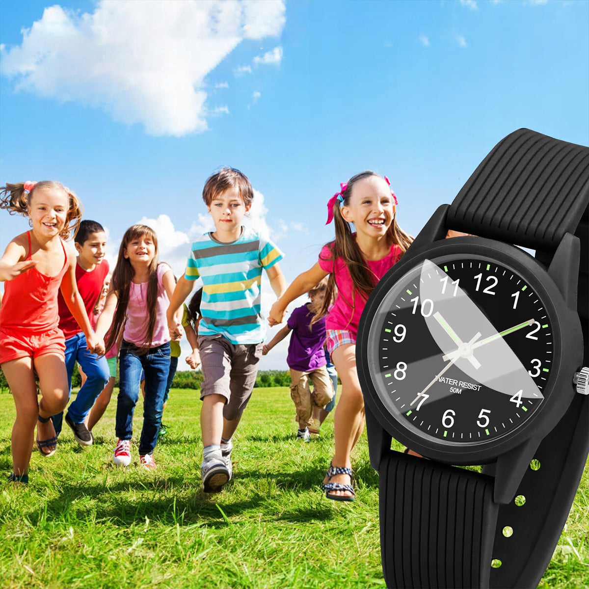 CHILDREN'S WATCH WATERPROOF 5ATM LIGHT READABLE DIAL BLACK Functions waterproof