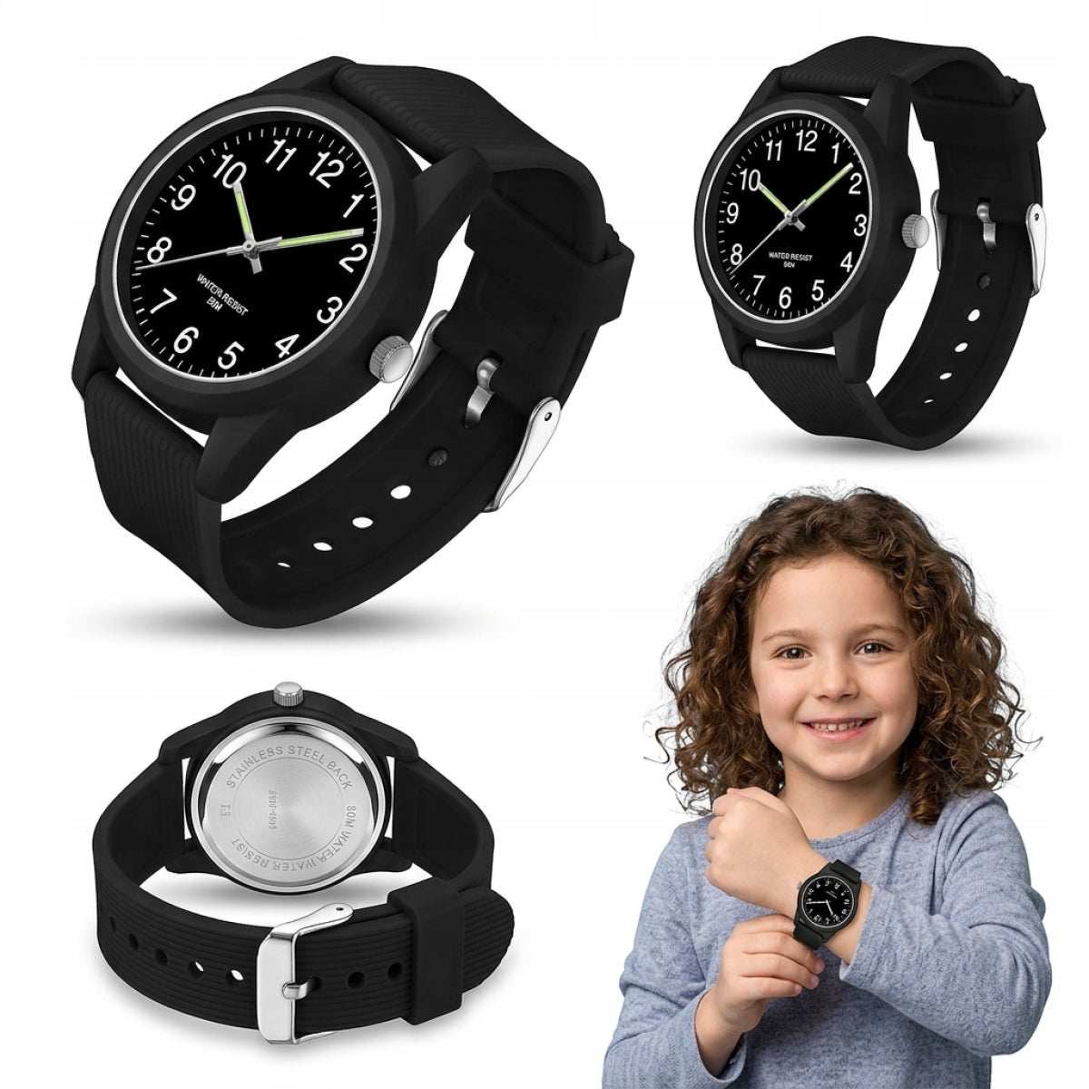 CHILDREN'S WATCH WATERPROOF 5ATM LIGHT READABLE DIAL BLACK