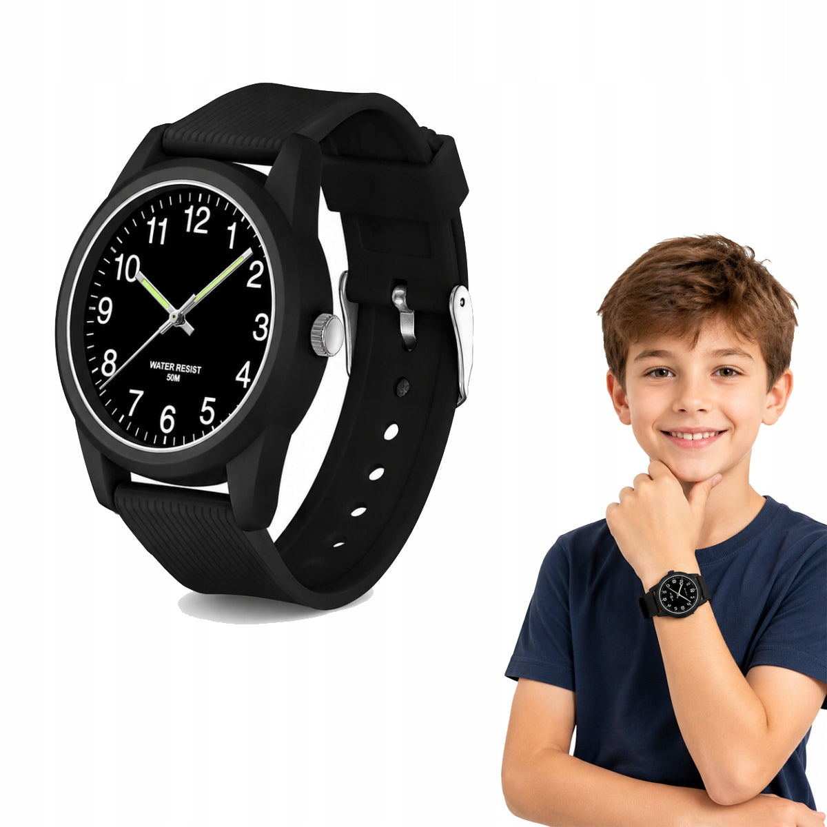 CHILDREN'S WATCH WATERPROOF 5ATM LIGHT READABLE DIAL BLACK