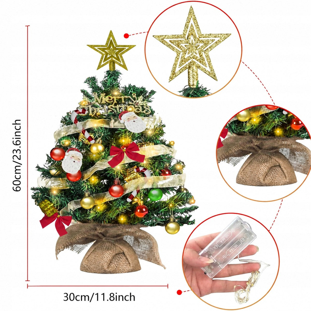 CHRISTMAS TREE ARTIFICIAL DRESSED BAUBLE LIGHTS BOWS LED LIGHTS 60CM Height up to 100 cm