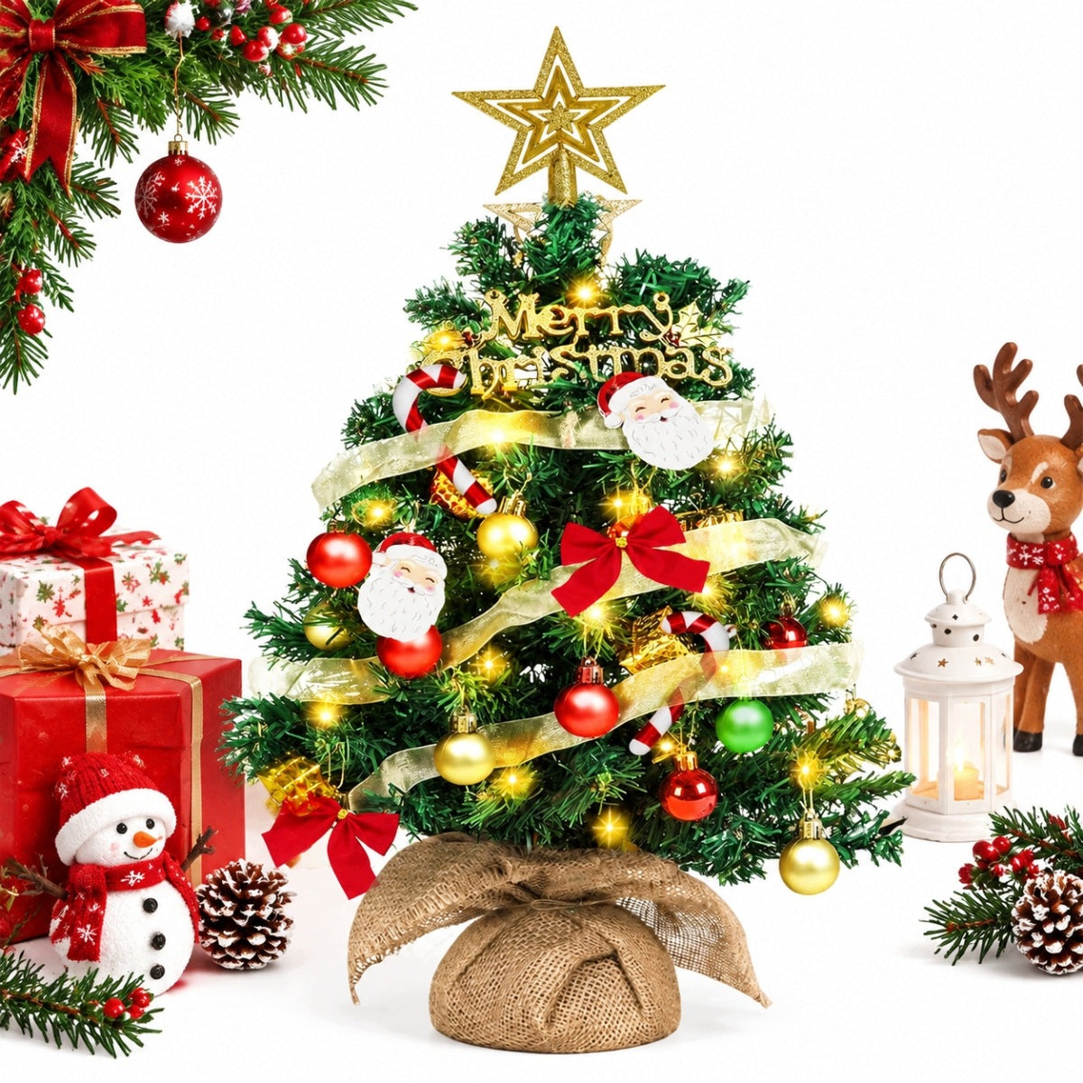 CHRISTMAS TREE ARTIFICIAL DRESSED BAUBLE LIGHTS BOWS LED LIGHTS 60CM