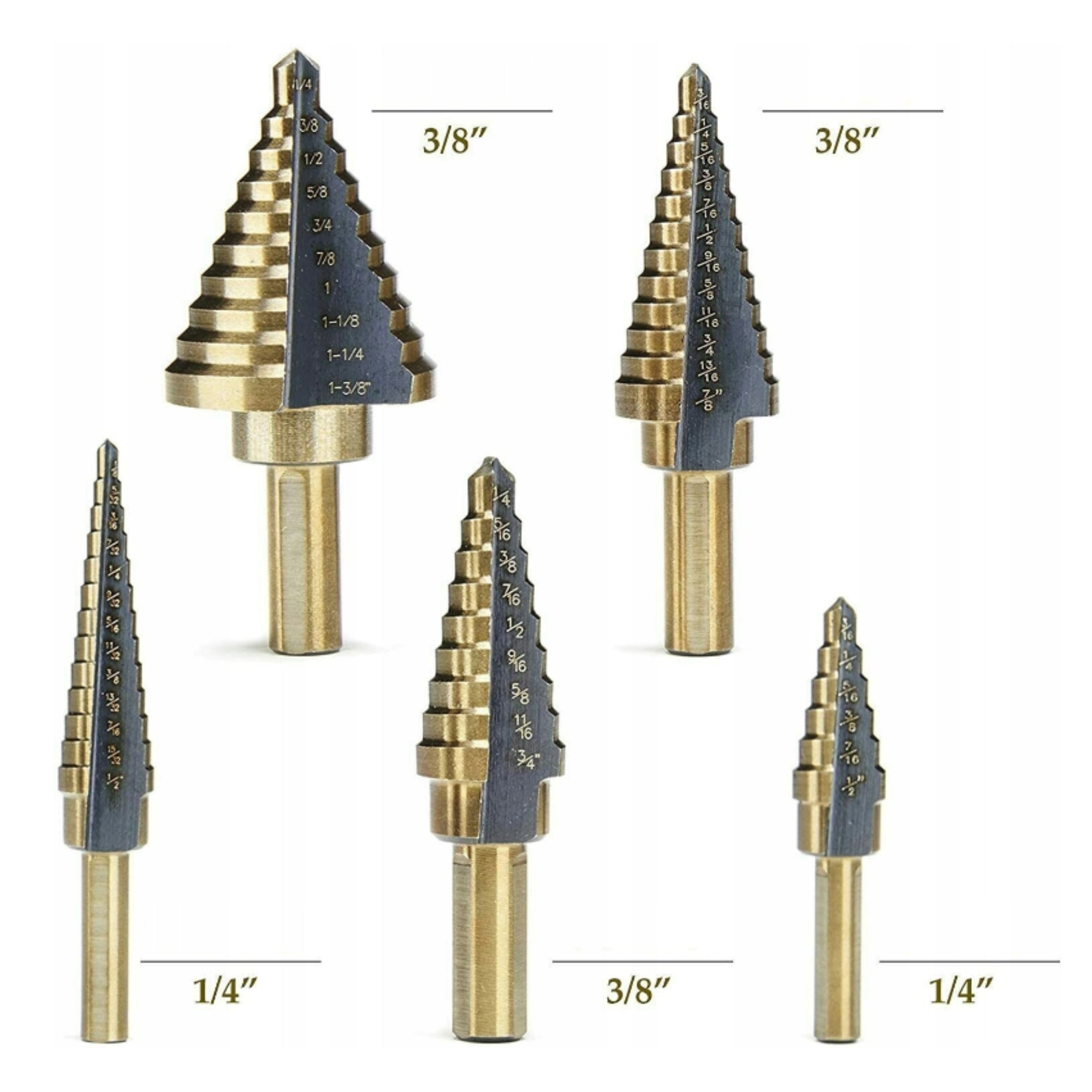 CHRISTMAS TREE CONICAL DRILL BITS STEP HSS 5 PCS SET FOR ALUMINUM TITANIUM Purpose for sheet metal for wood for metal for plastic