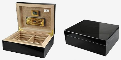 CIGAR HUMIDOR BLACK WOODEN FOR 100 PIECES DIGITAL METAL HYGROMETER