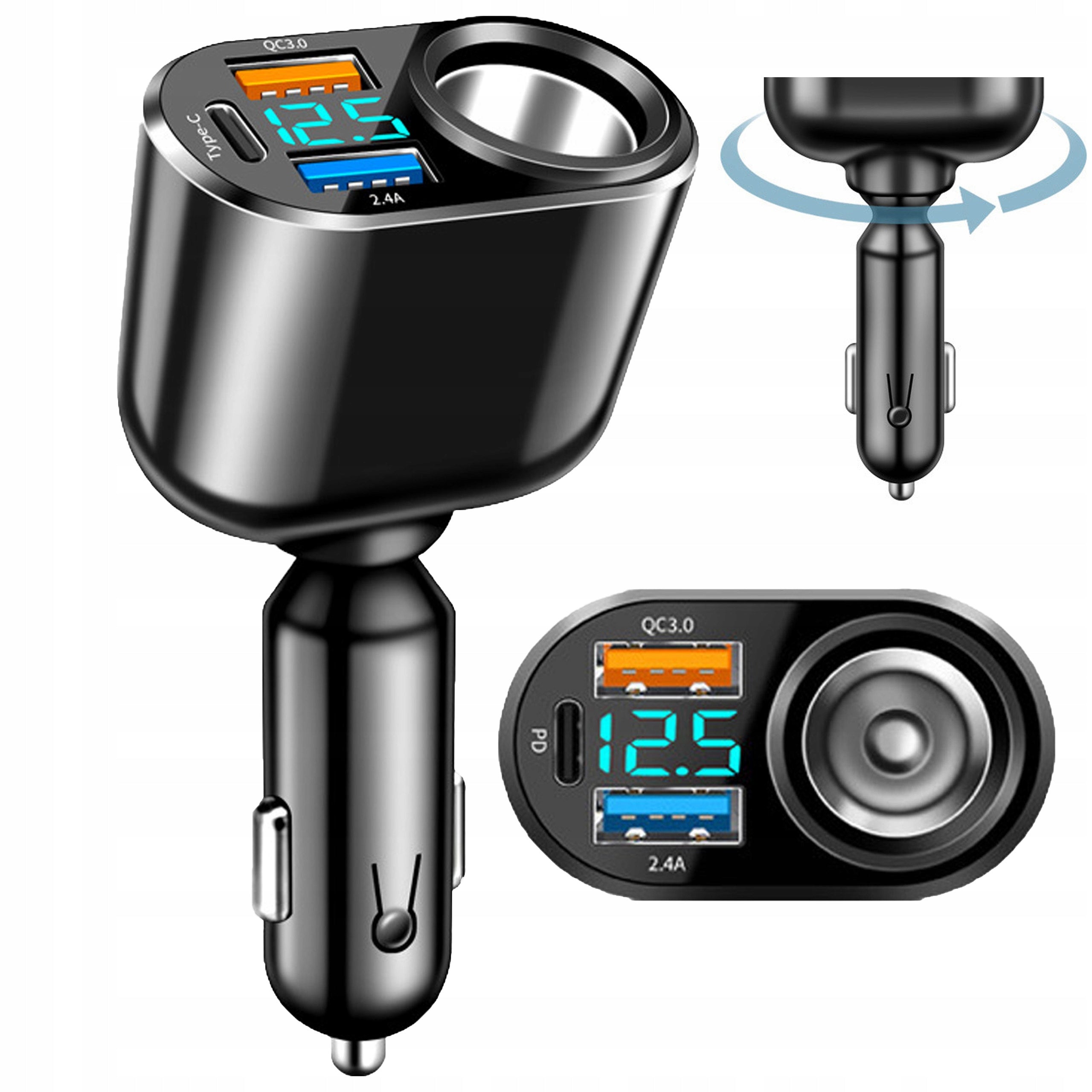 CIGARETTE LIGHTER DISTRIBUTOR CAR CHARGER POWERFUL USB-C 2xUSB DISPLAY