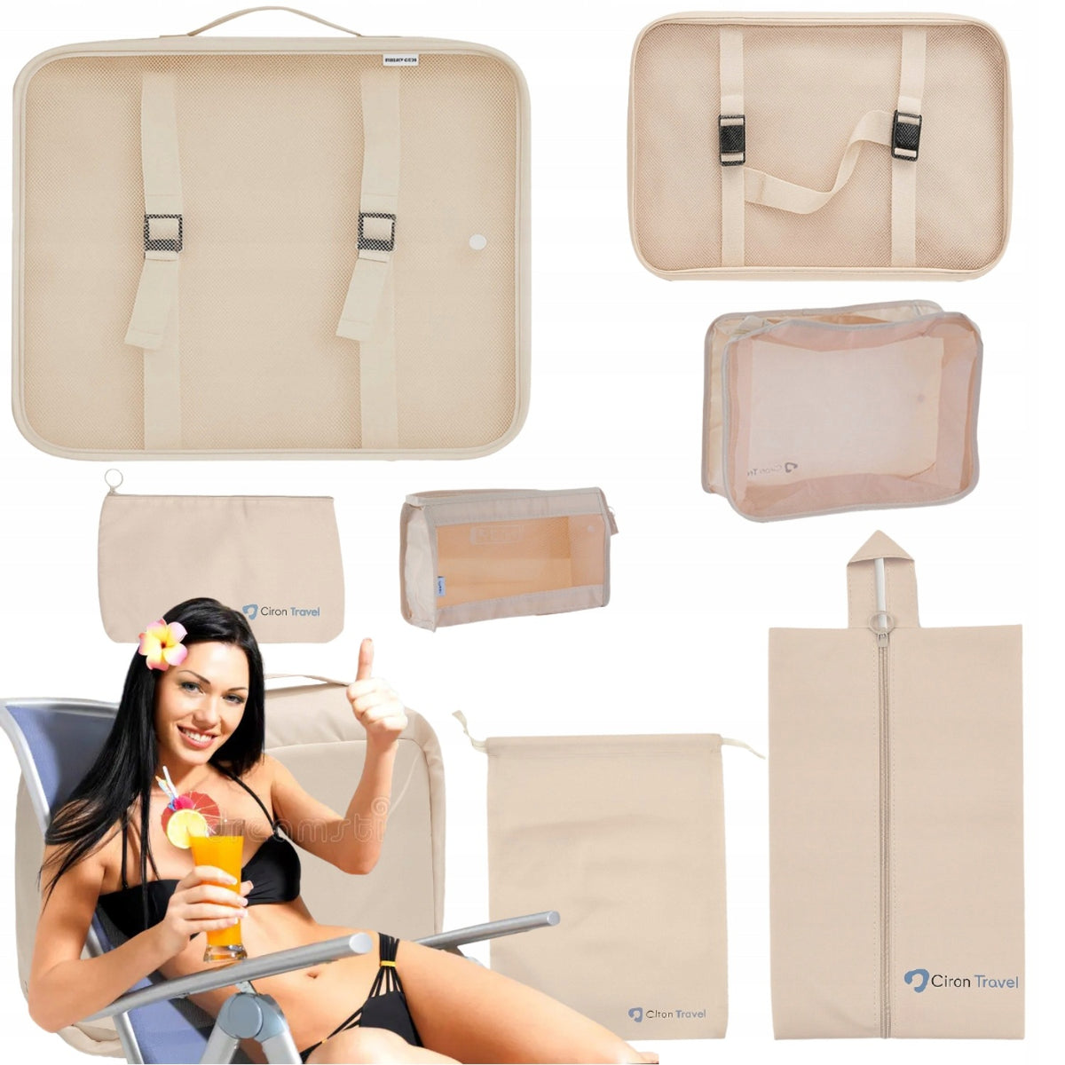 CIRON TRAVEL ORGANIZER SET for backpack case 8 el. Beige