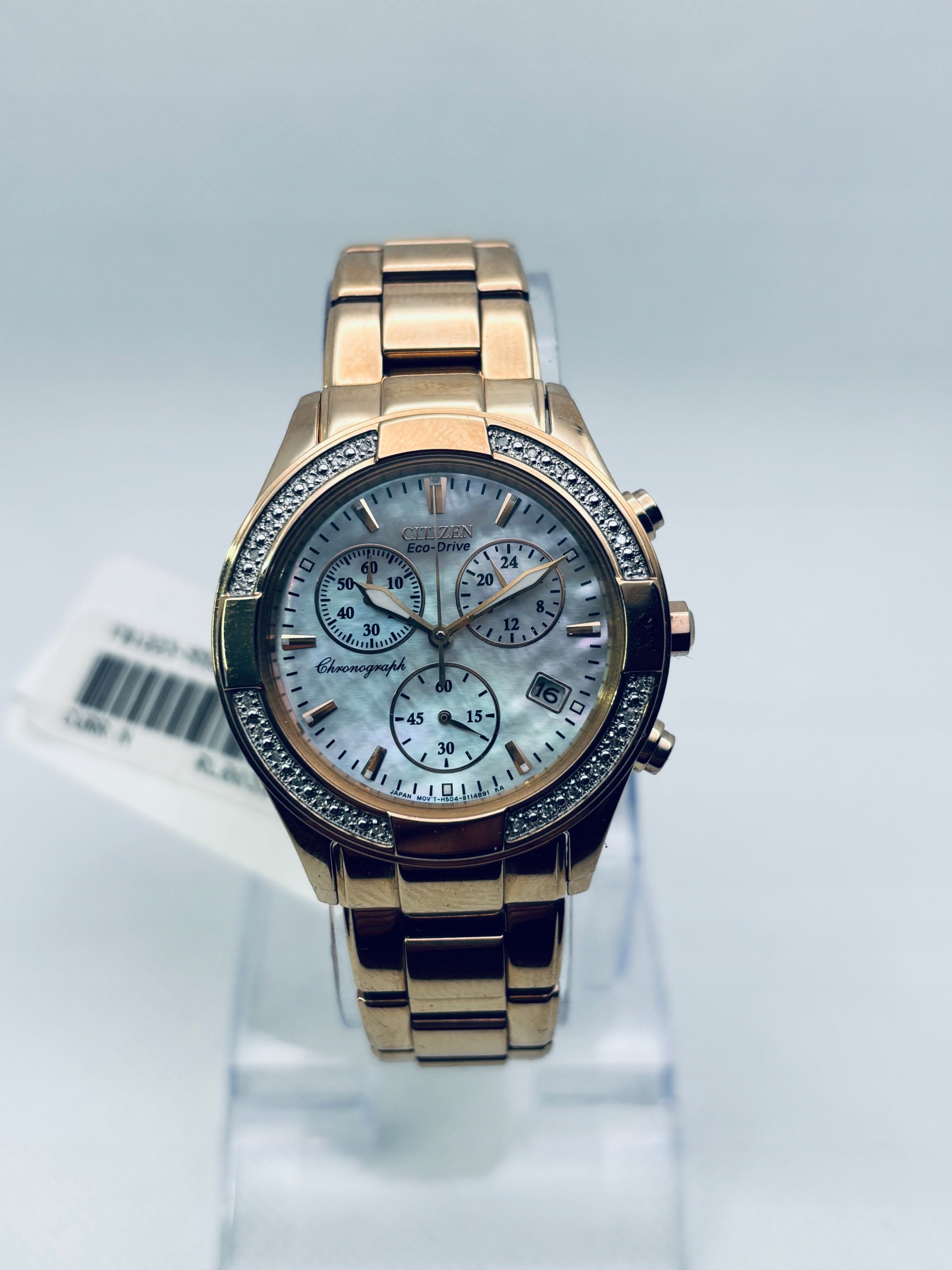 CITIZEN ECO DRIVE CHRONOGRAPH DIAMONDS GOLD PLATED FB1223-55D WOMEN'S WATCH Packaging status original