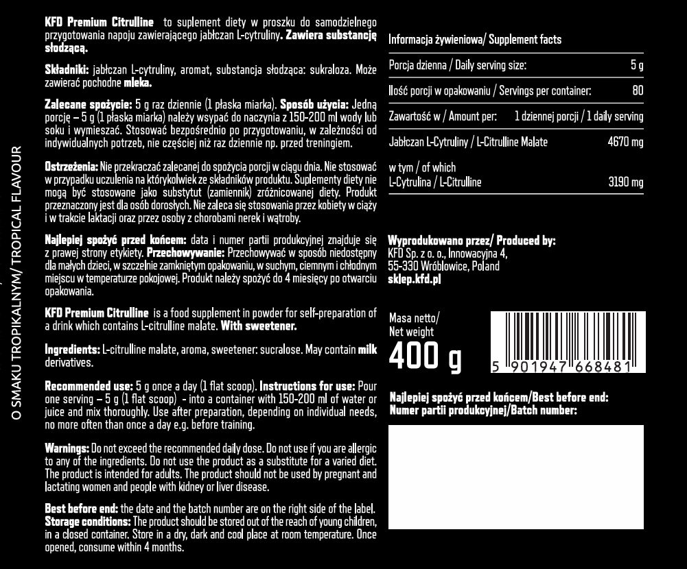 CITRULLINE pre-workout PUMP KFD Premium Citrulline 400g Orangery Manufacturer code ID-61588