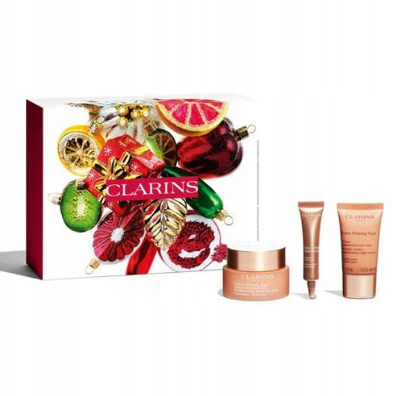 Veido odos priežiūros rinkinys Clarins Extra-Firming: dieninis kremas visų tipų odai, 50 ml + veido serumas, 10 ml + naktinis kremas visų tipų odai, 15 ml + Kosmetikos krepšys