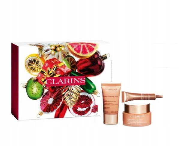 Veido odos priežiūros rinkinys Clarins Extra-Firming: dieninis kremas visų tipų odai, 50 ml + veido serumas, 10 ml + naktinis kremas visų tipų odai, 15 ml + Kosmetikos krepšys