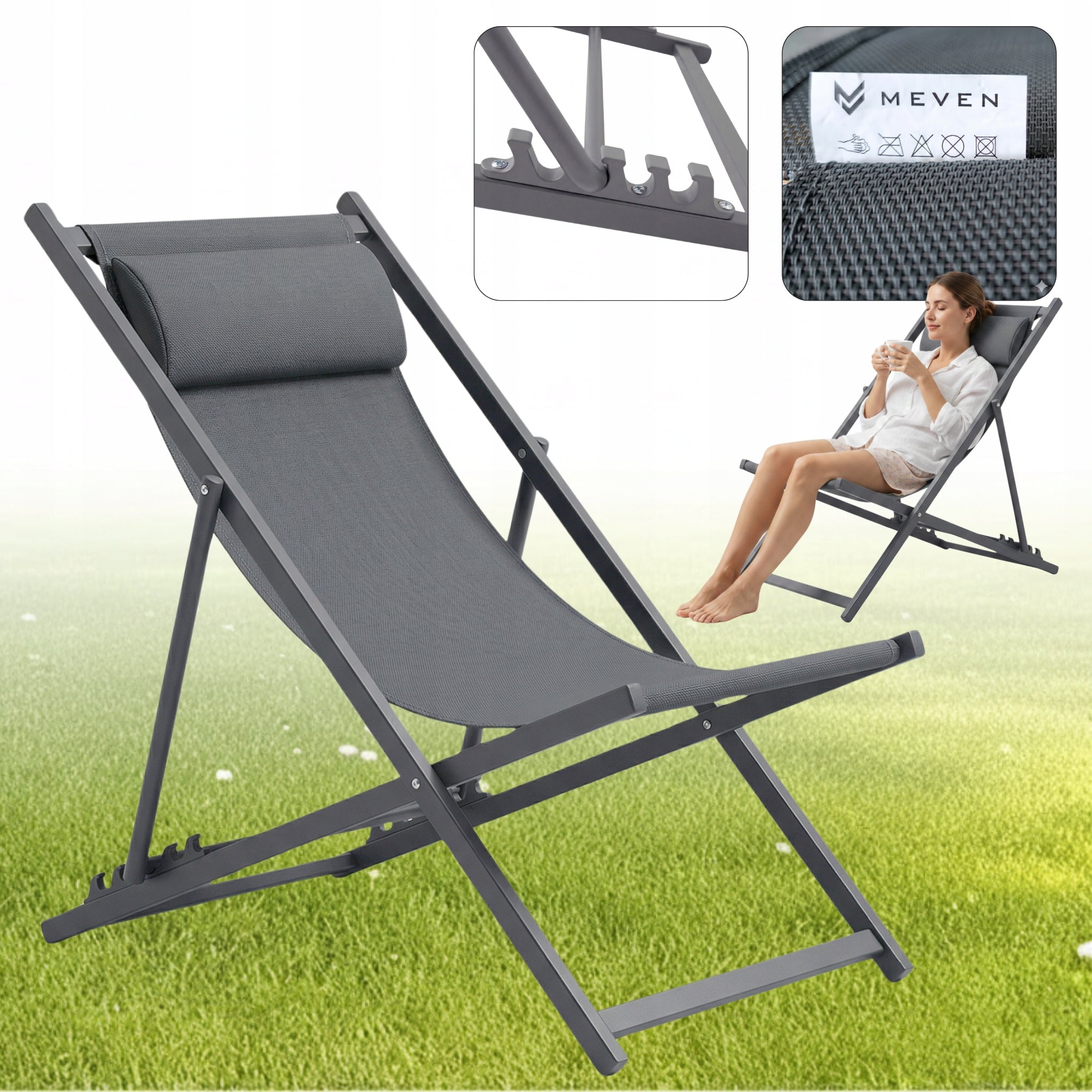 CLASSIC BEACH LOUNGER FOLDING WITH CUSHION STEEL FRAME GREY