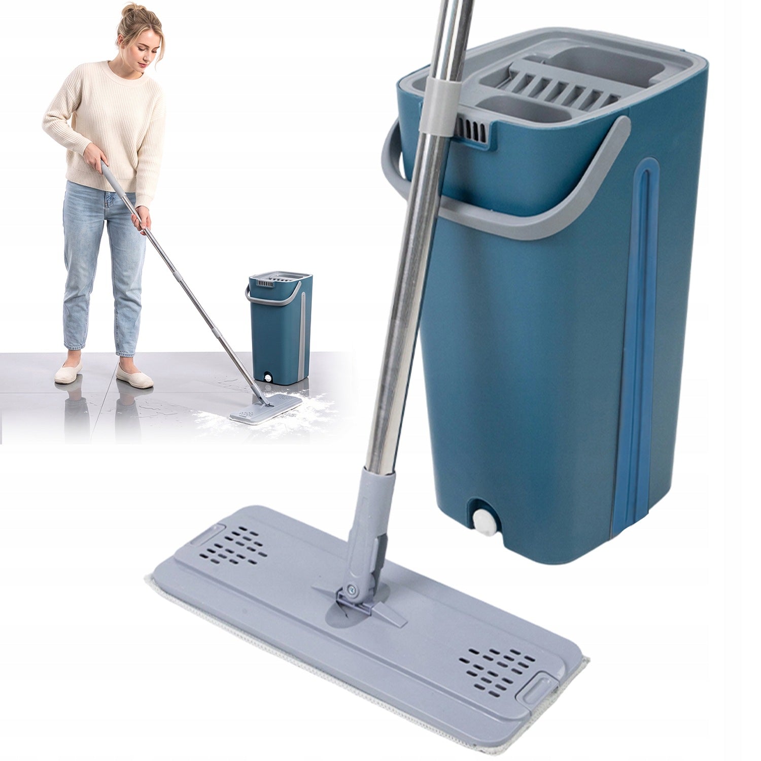 CLEANING KIT MOP FLAT BUCKET COVER MICROFIBER BLUE