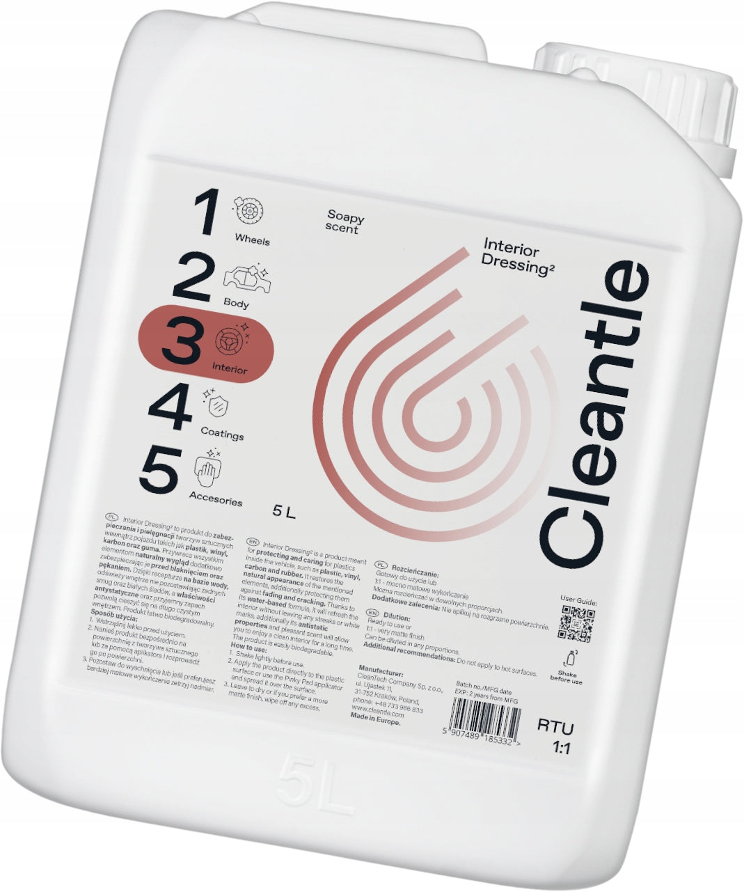 CLEANTLE Interior Dressing 5L For Cockpit Plastics Protects Darkening