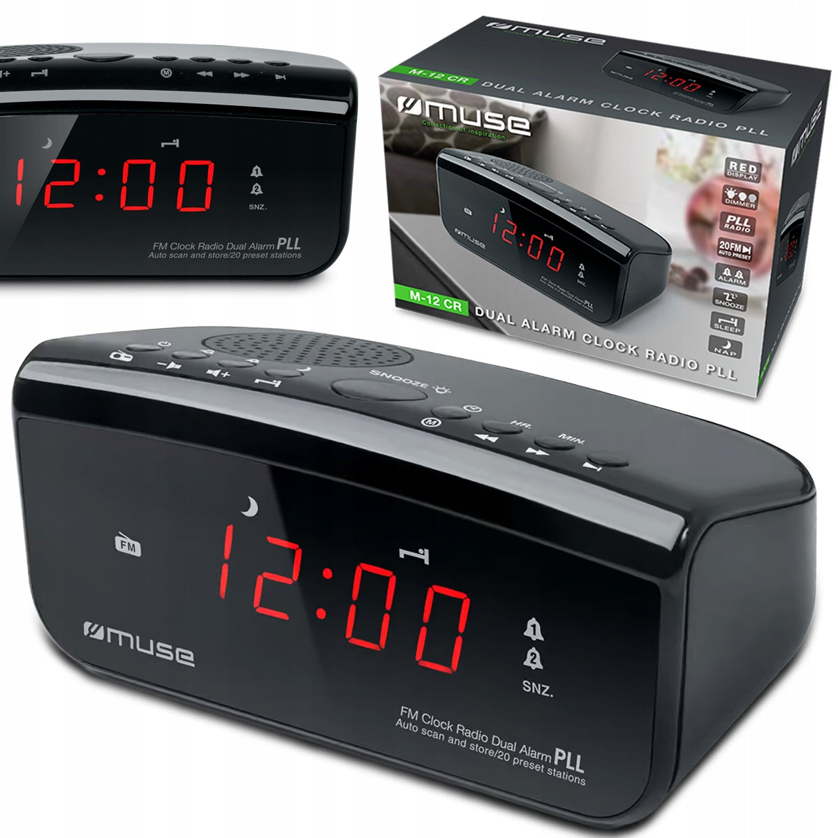 CLOCK RADIO MUSE RADIO FM PLL CLOCK 24 HOURS BUZZER LED DISPLAY